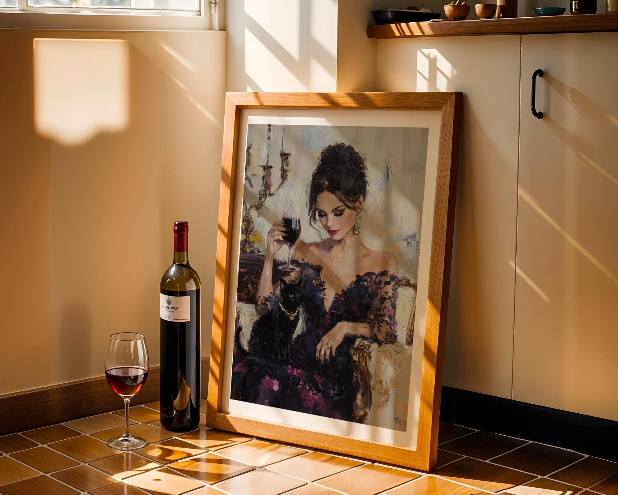 Classic Cat and Woman Art, Oil Painting Digital Art, Chic Lady with Black Cat Art, Vintage Glam Wall Art, Decorative Wall Art, Wine Poster - view 3