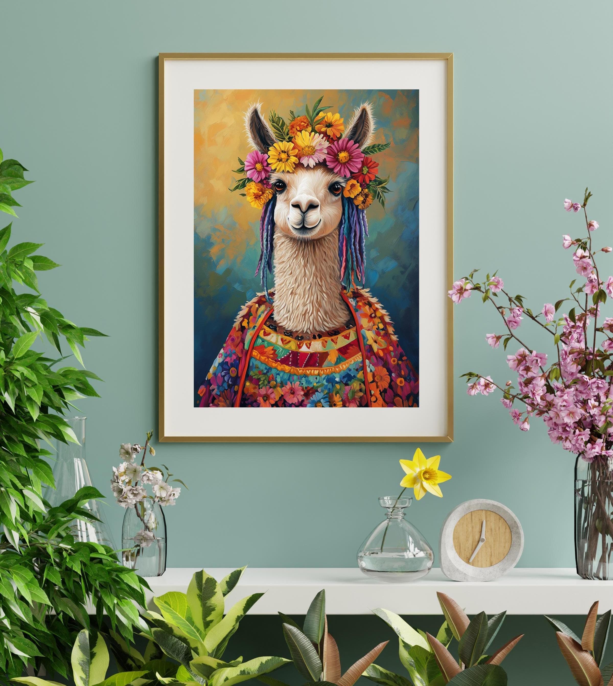 Eclectic Llama Art Print, Boho Wall Art, Colorful Llama Wall Art – Bohemian Animal Painting with Flowers, Whimsical Llama Art, Llama Poster - view 3