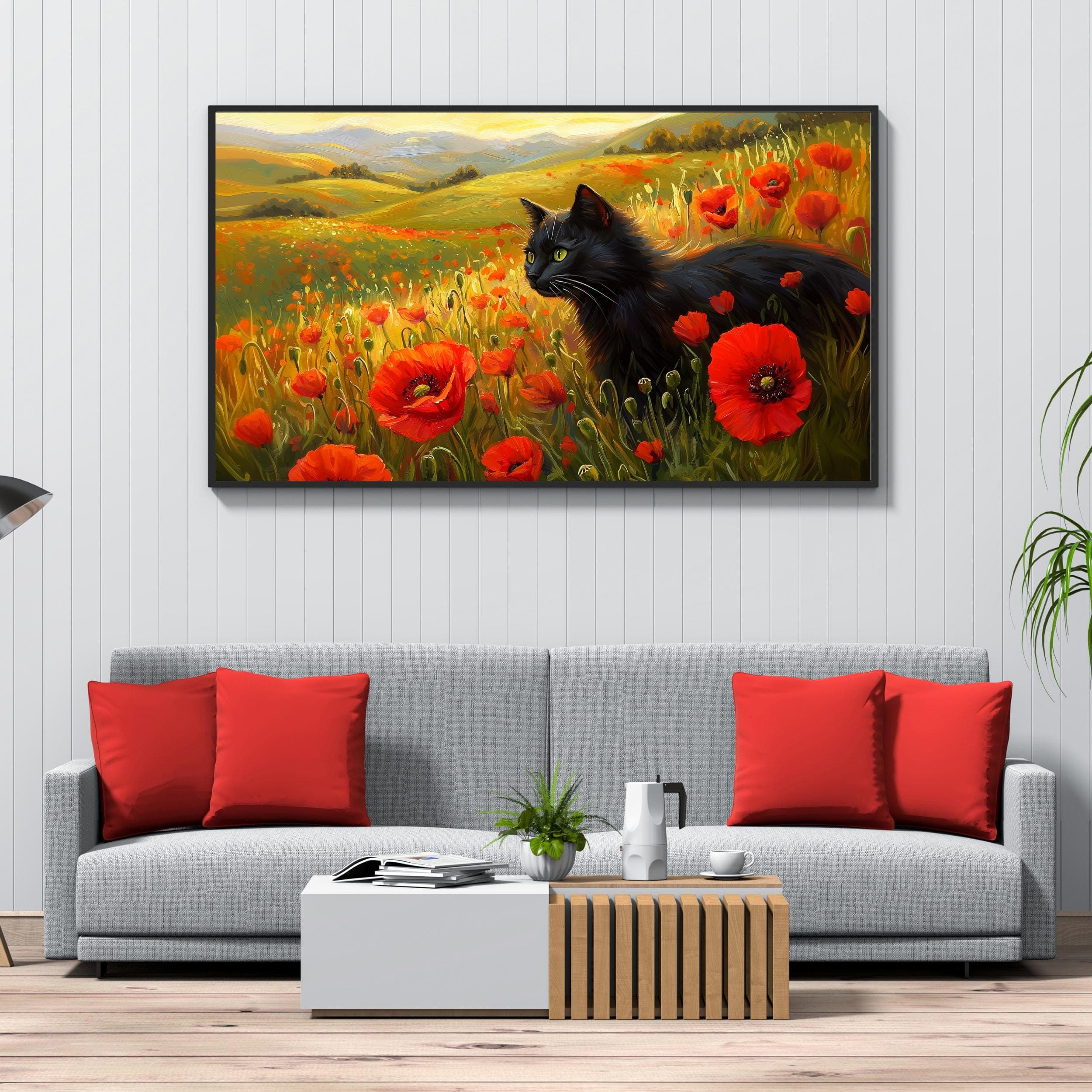 Black Cat Floral Art, Vintage Black Cat Printable Wall Art, Colorful Animal Landscape Wall Art, Unframed, Digital Wall Art, Black Cat Poster - view 6