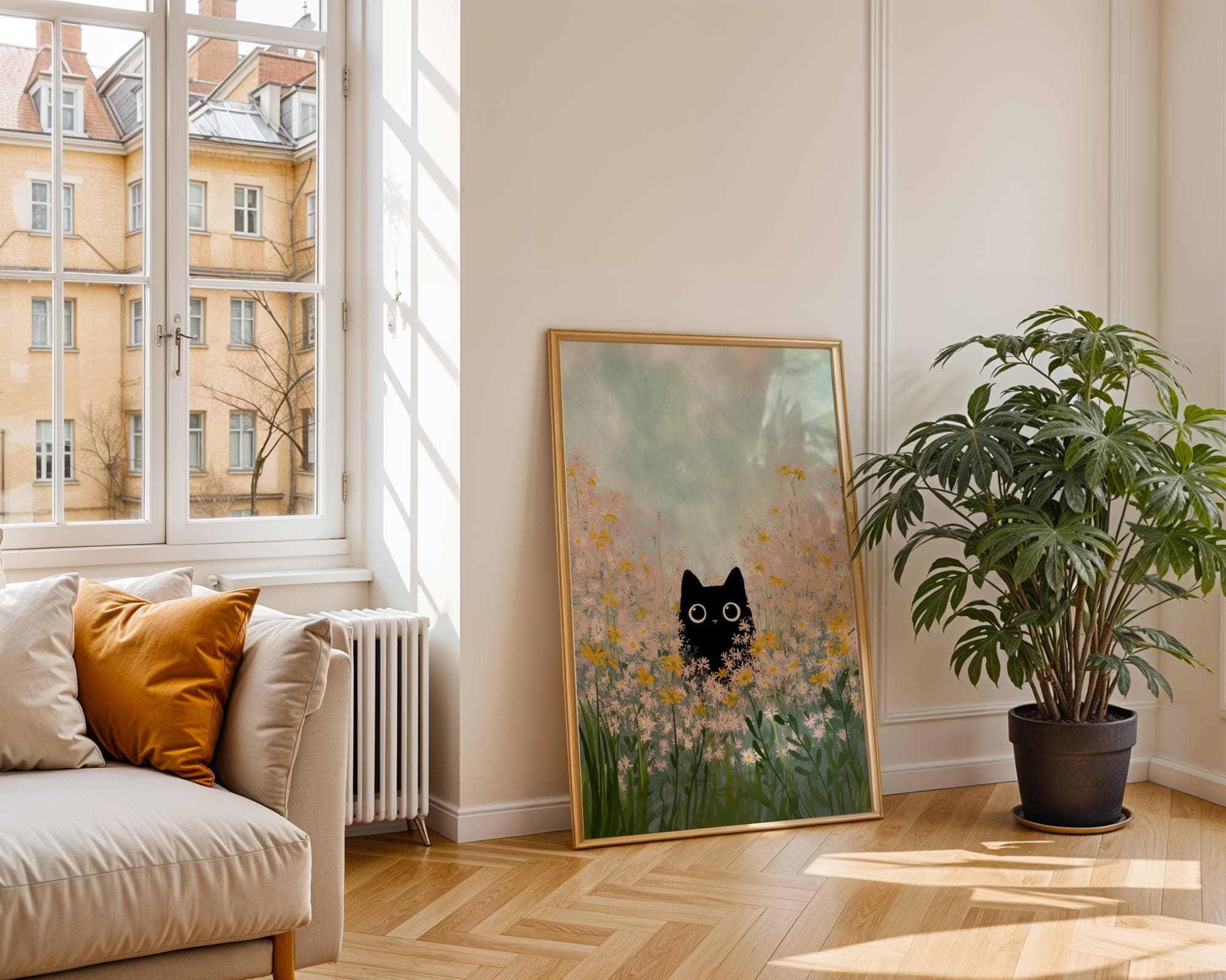 Black Cat Wall Art, Whimsical Cat in Floral Field, Kawaii Black Cat Art Print, Digital Download, Cute Black Cat Art, Whimsical Animal Art - view 4