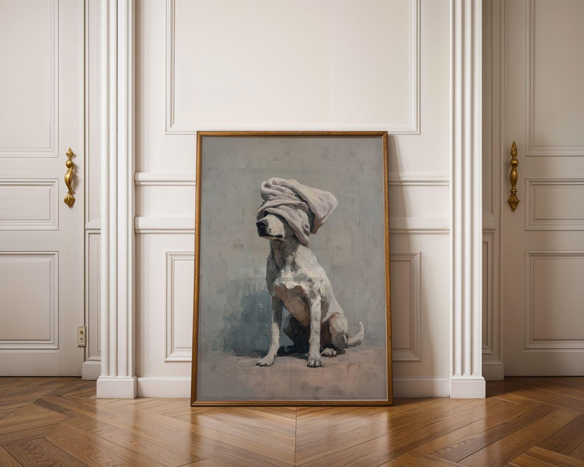Cute Dog With Towel Wall Art, Funny Bathroom Dog Print, Neutral Dog Painting, Spa Decor Poster, Bathtub Wall Art, Whimsical Dog Wall Art - view 6