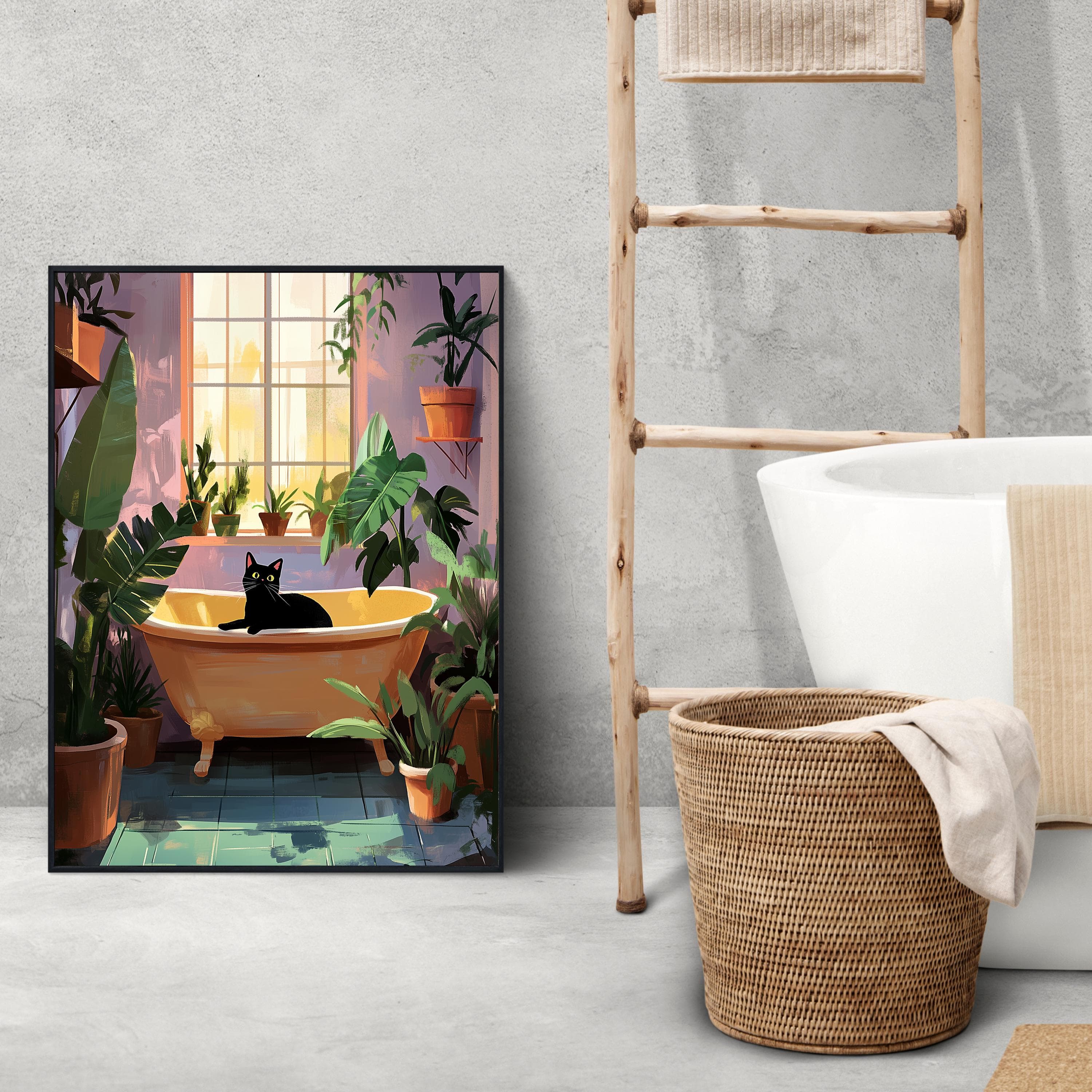 Bath Cat Print Funny, Purple Painting Poster, Animal Wall Art, Quirky Cat Decor, Bathtube Wall Art, Cat in Bathroom Art, Maximalist Cat Art - view 4