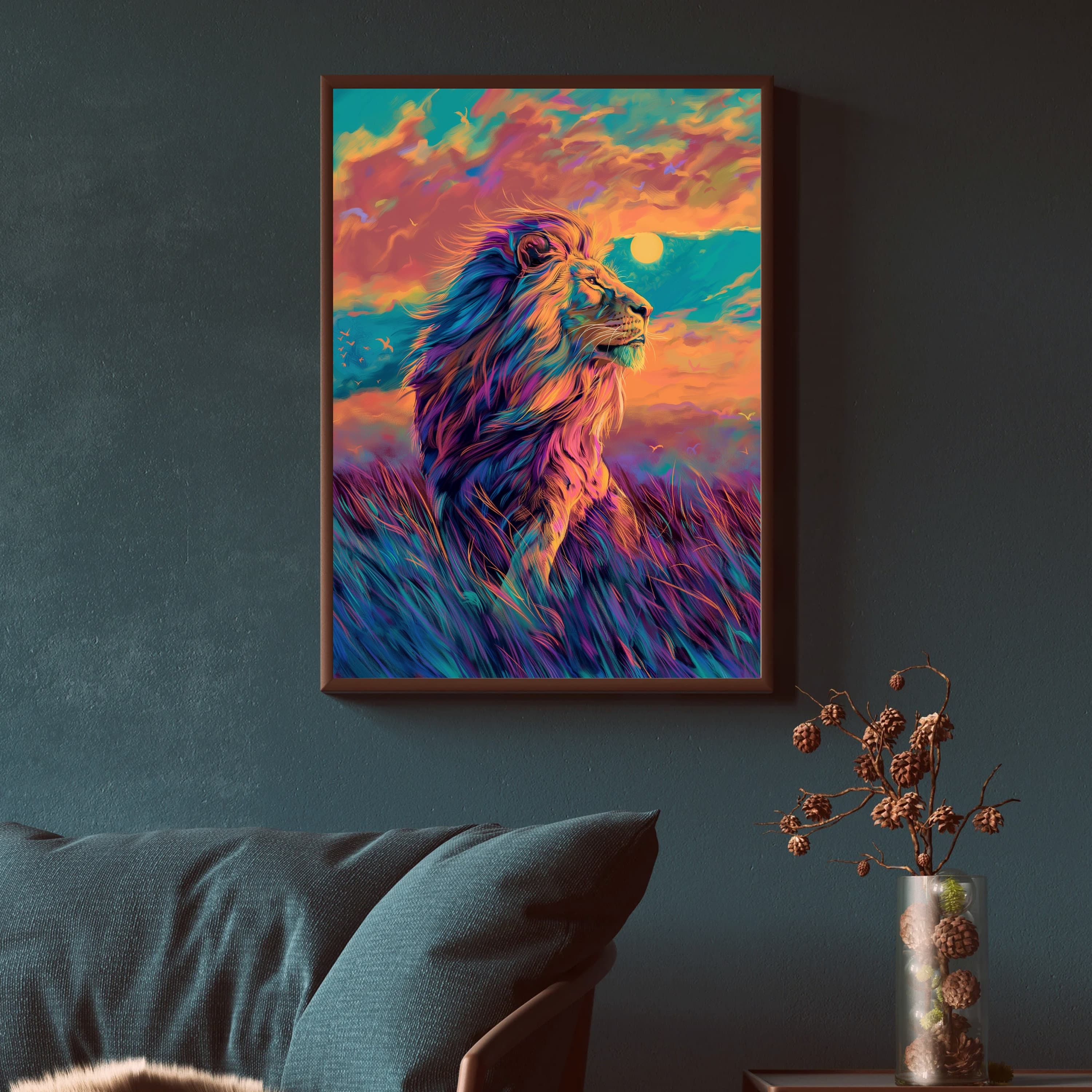 Majestic Lion Sunset Oil Painting Poster, Colorful Animal Poster, Printable Animal Art, Digital Lion Art, Maximalist Lion Poster, Lion Art - view 5