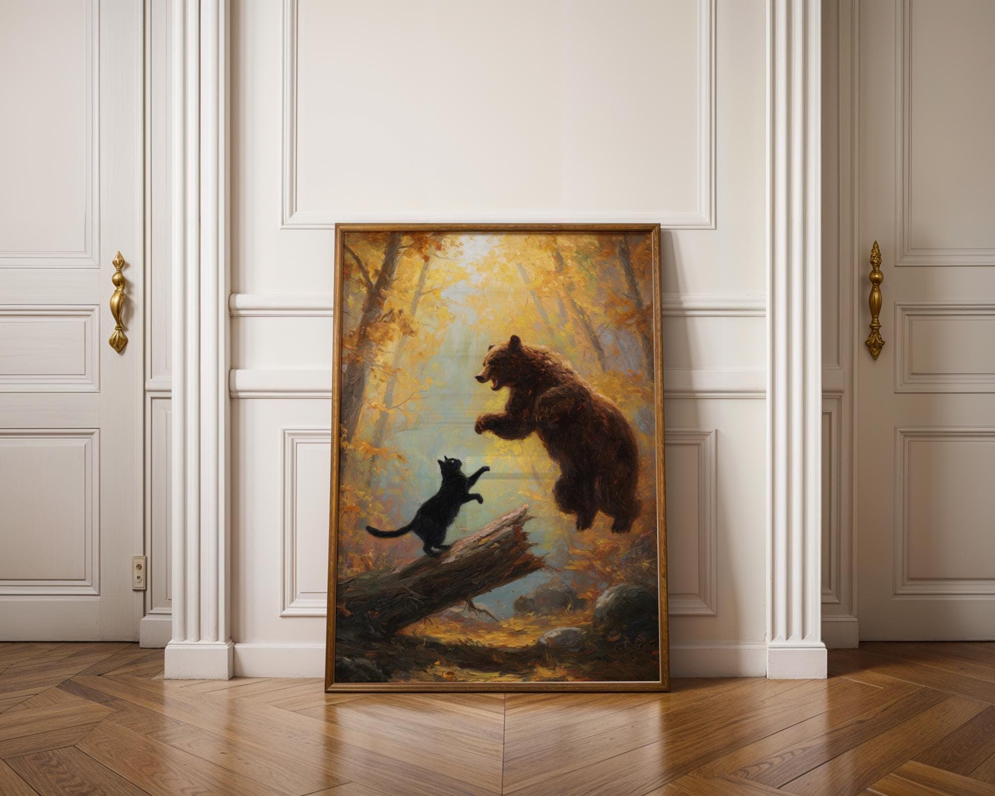 Bear and Cat Fantasy Print, Maximalist Cat and Bear Wall Art, Funny Black Cat Decor, Dramatic Oil Style Animal Painting, Funny Black Cat Art
