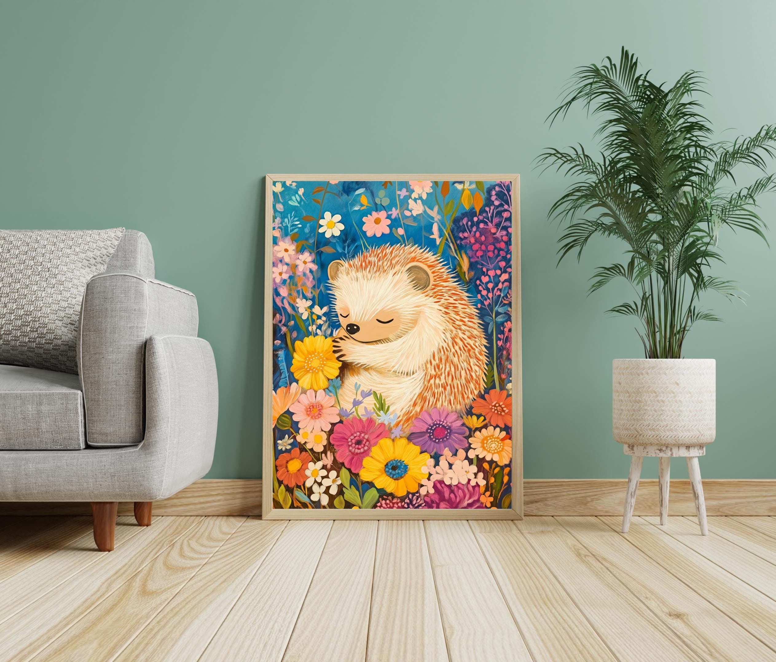 Whimsical Hedgehog Wall Art, Colorful Animal Nursery Art, Nature Wall Decor, Whimsical Hedgehog in Flower Garden, Oil Painting Hedgehog Art - view 7