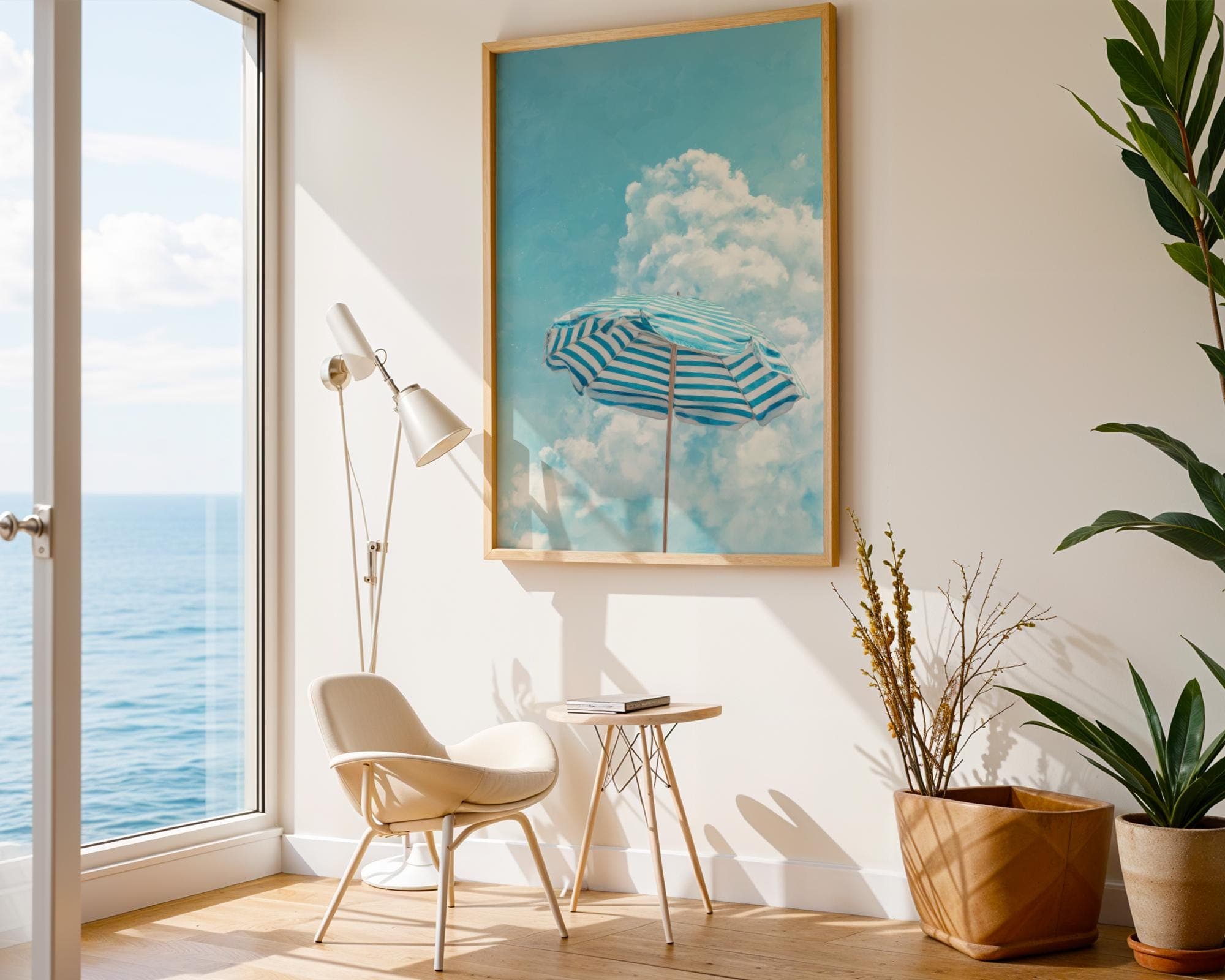 Coastal Beach Umbrella Wall Art, Blue Striped Summer Print, Tropical Coastal Wall Art, Seaside Holiday Wall Art, Coastal Cottage Decor - view 3