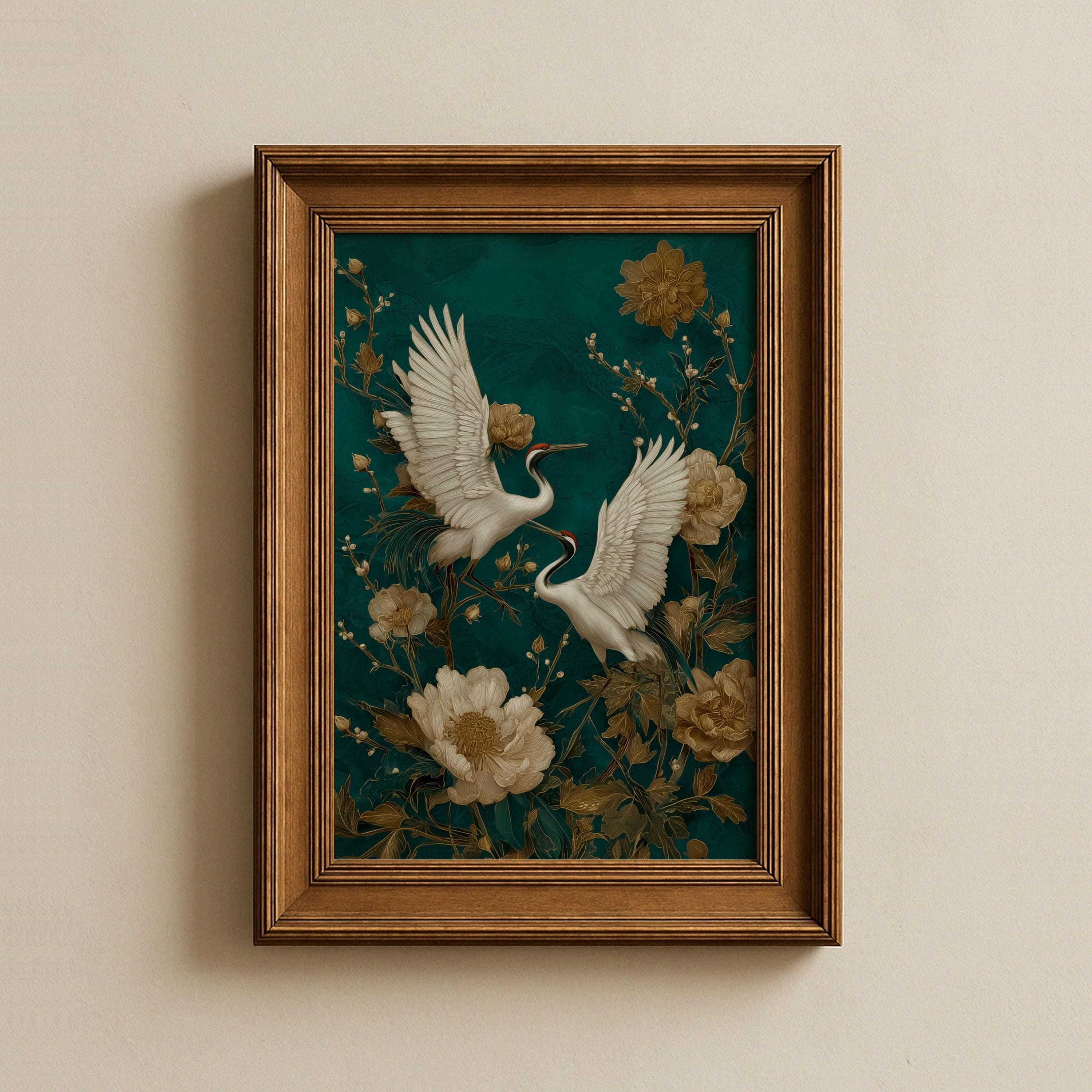 Crane Wall Art Teal Gold Oriental Decor, Japanese Crane Wall Art Print, Gold Asian Bird Painting, Teal Oriental Floral Decor, Japandi Decor - view 2