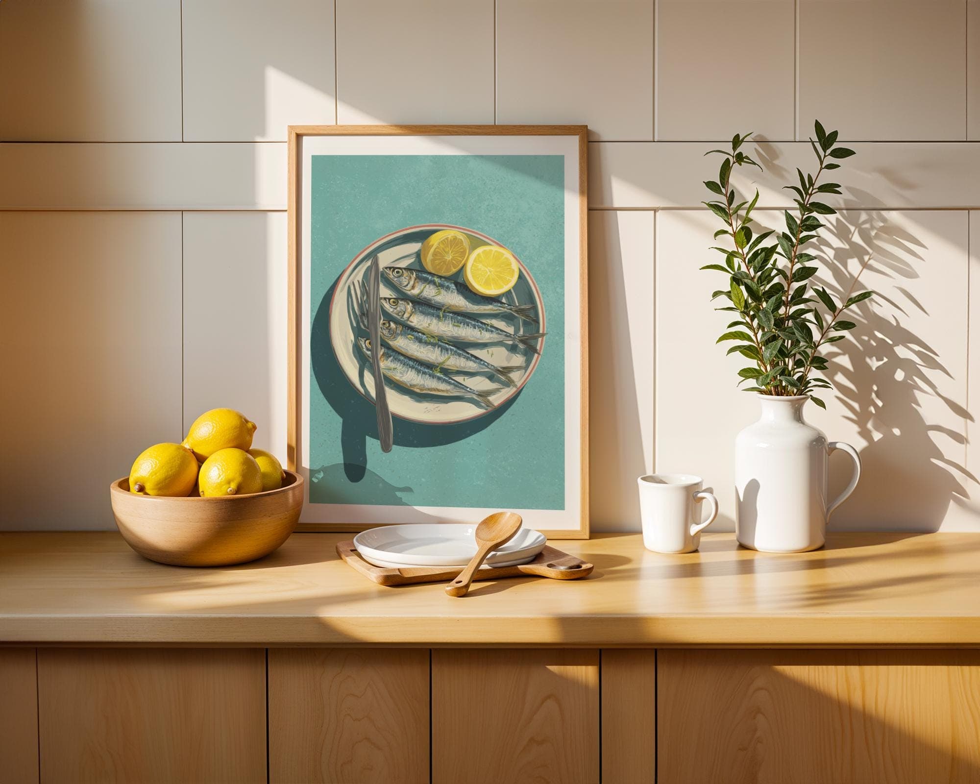 Mediterranean Sardine Plate – Rustic Coastal Kitchen Art, Mediterranean Coastal Wall Print, Sardines Painting, Digital Download, Sardine Art - view 2