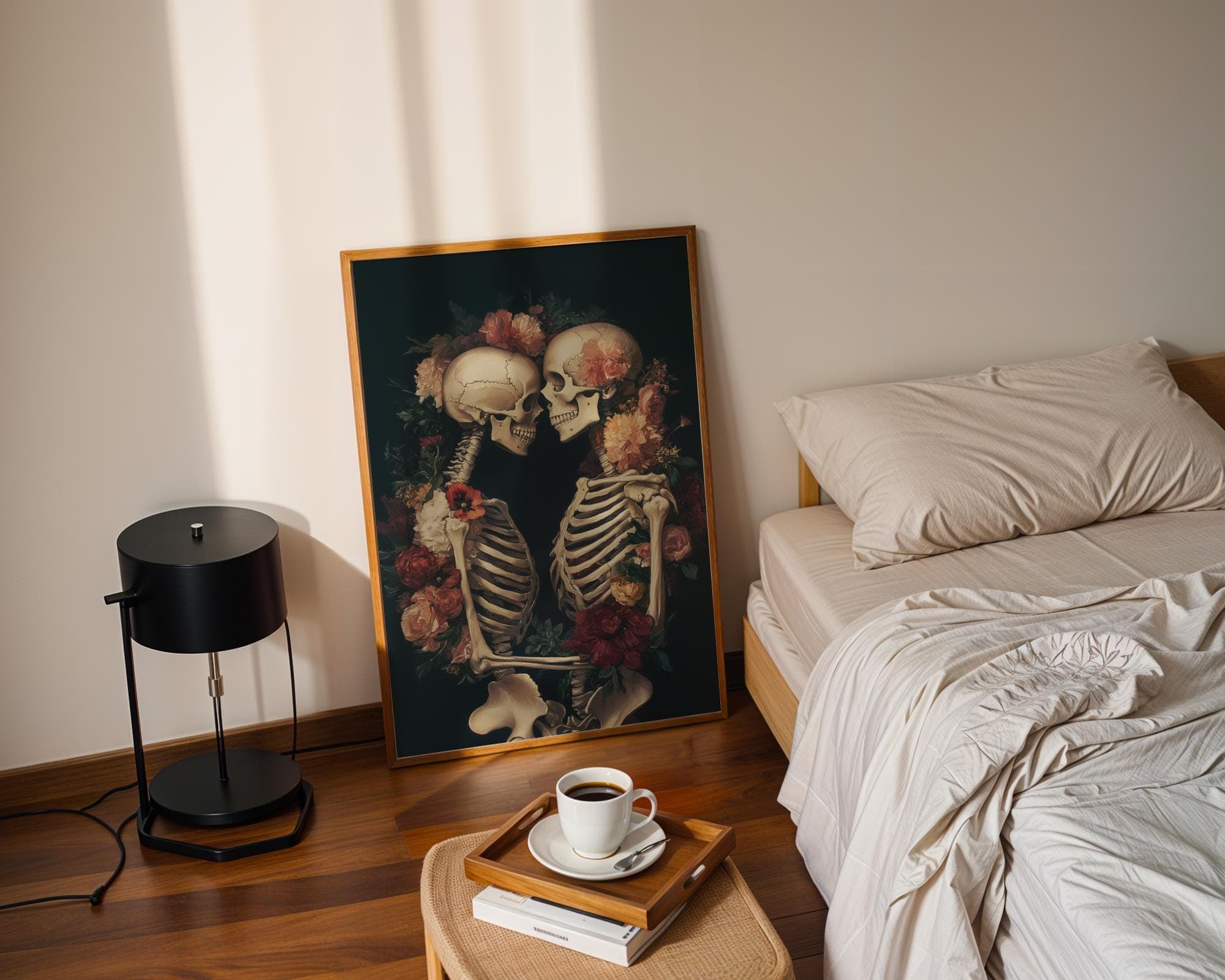 Floral Skeleton Embrace Print – Gothic Love Wall Art, Skeleton Couple Wall Art, Vintage Floral Gothic Romance Print, Floral Skeleton Poster - view 5
