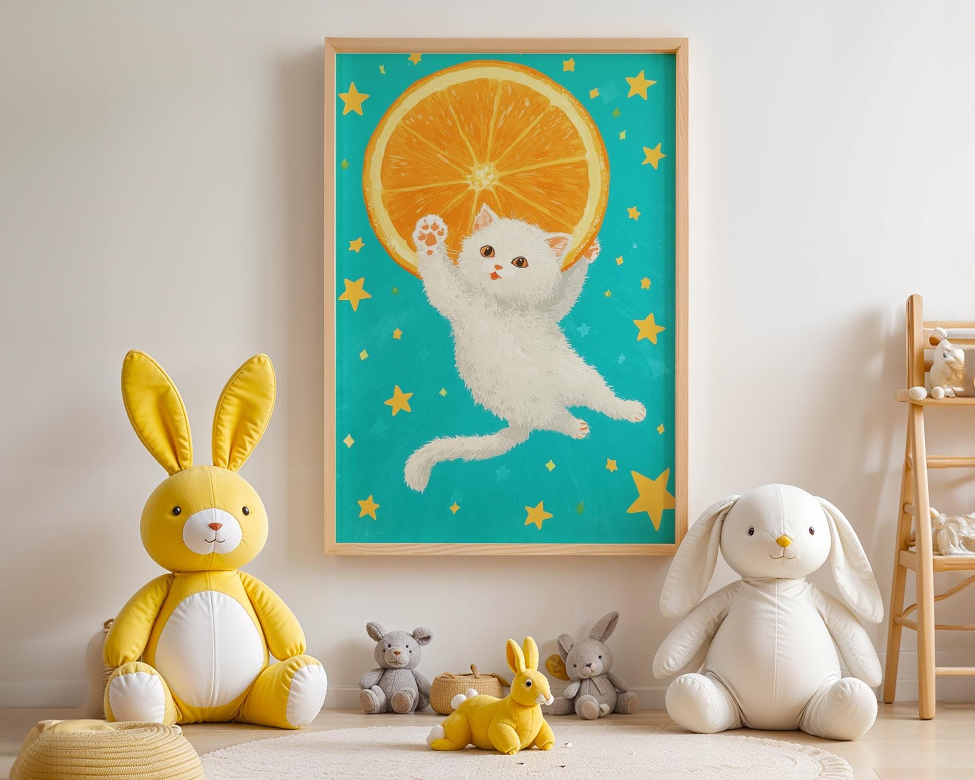 Kawaii White Cat with Orange Slice Wall Print, Whimsical Wall Art, Colorful Cute Kitten Wall Print, Kawaii Starry Sky Wall Art, Digital Art - view 3