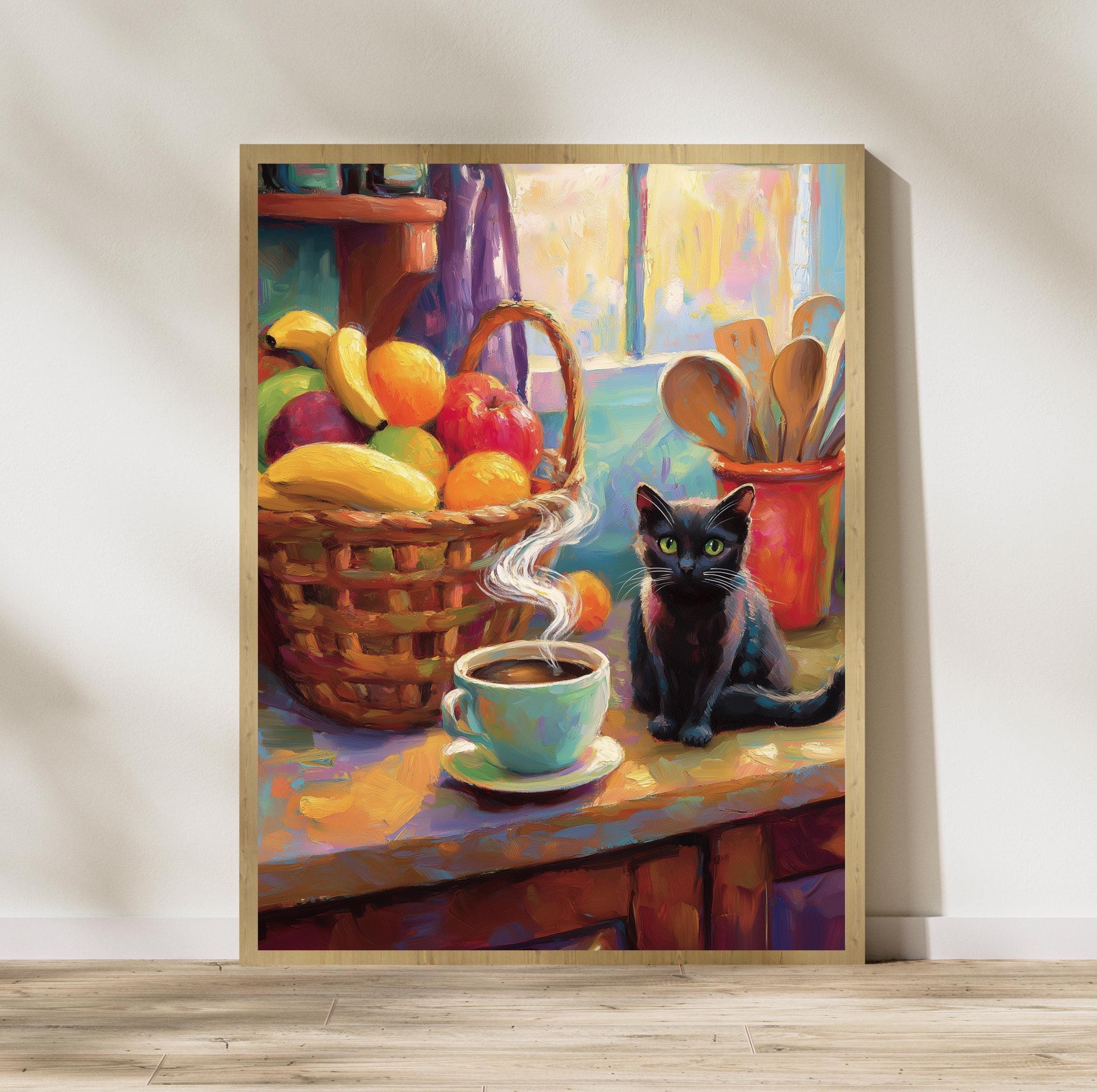 Whimsical Black Cat Wall Art, Farmhouse Kitchen Decor, Black Cat and Coffee Art, Animal Wall Art, Cat Lover Gift, Black Cat Poster