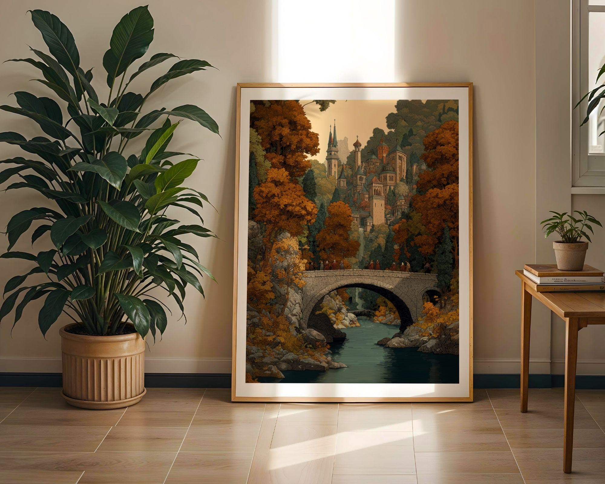Autumn Medieval Village Landscape Print, Enchanted Bridge Poster, Fantasy Elven Landscape Art Print, High Fantasy Cityscape Poster - view 6