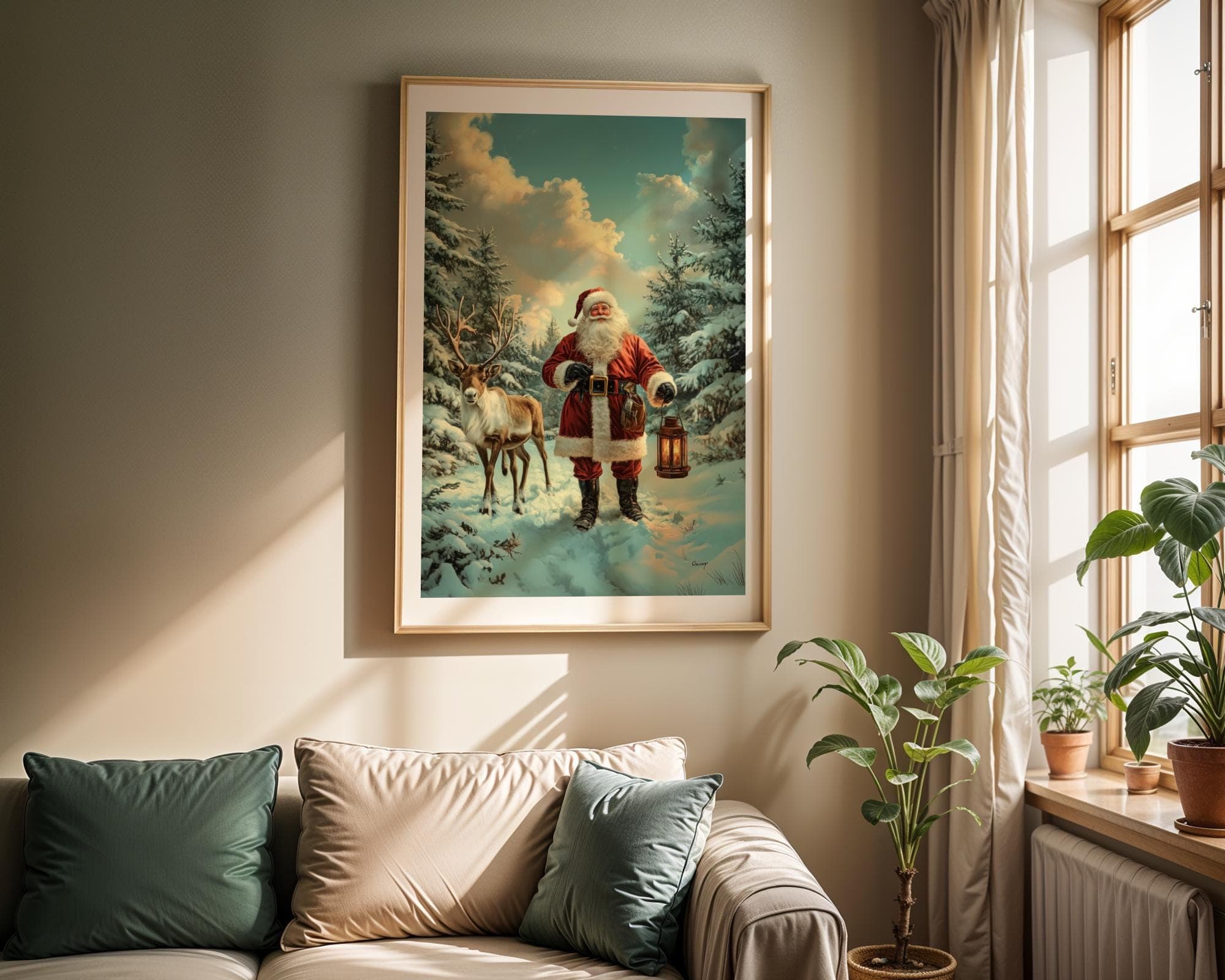 Santa Claus and Reindeer in a Snowy Forest - Winter Christmas Wall Art Print, Nostalgic Christmas Wall Decor, Christmas Wall Art, Santa Art - view 3