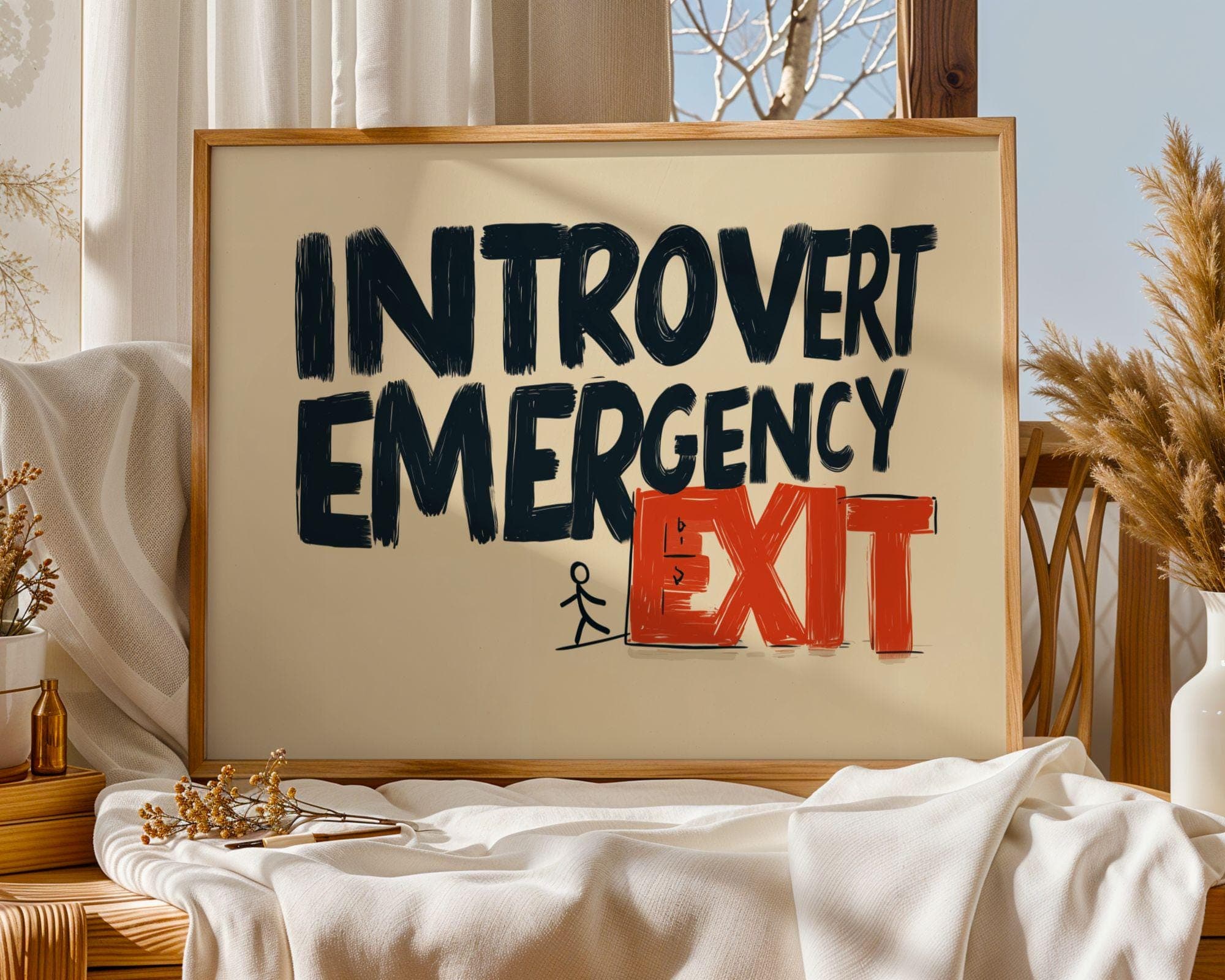 Introvert Emergency Exit Poster, Funny Office Wall Art, Office Humor Print, Minimal Office Poster, Corporate Humor Art, Dorm Room Poster - view 5