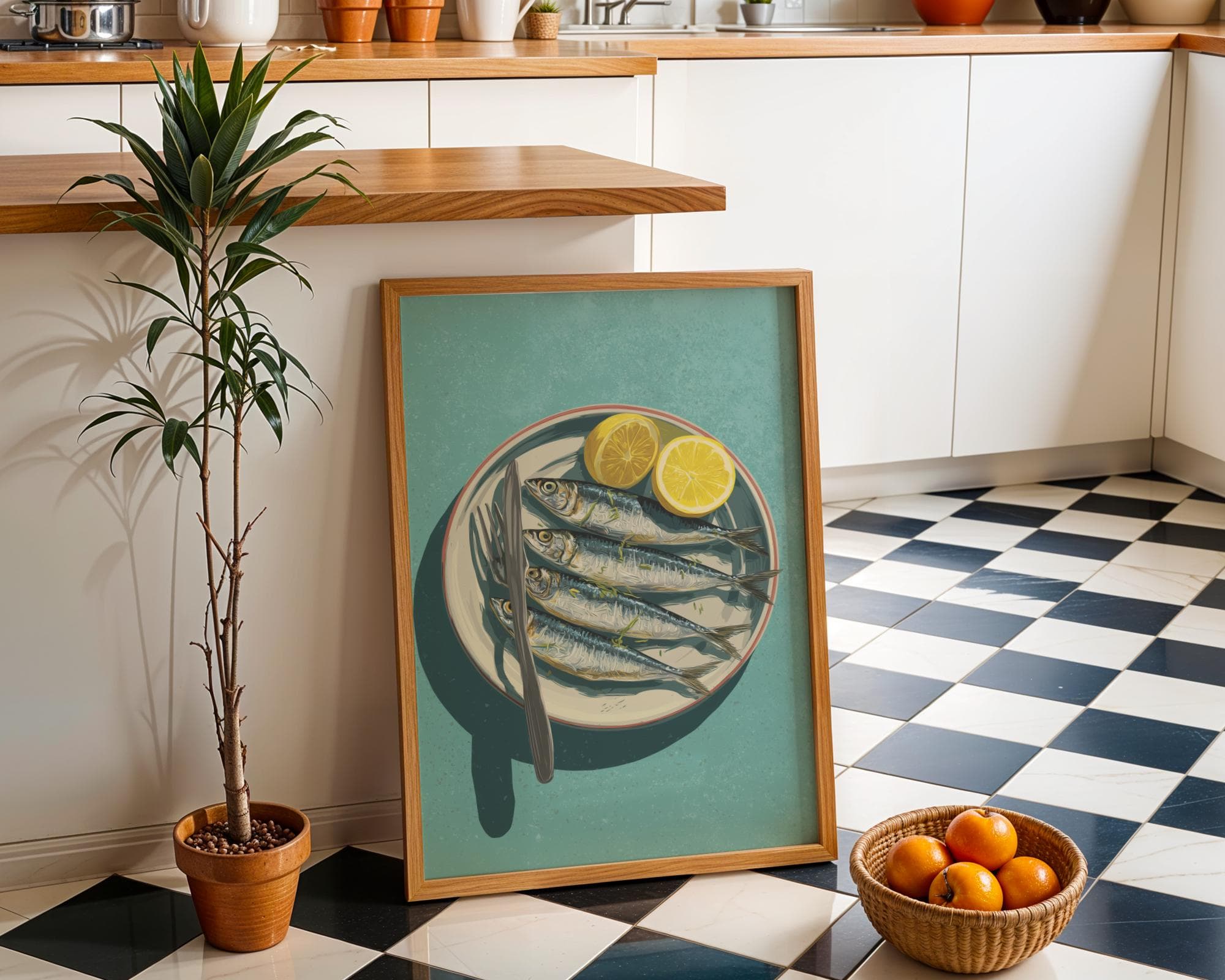 Mediterranean Sardine Plate – Rustic Coastal Kitchen Art, Mediterranean Coastal Wall Print, Sardines Painting, Digital Download, Sardine Art - view 4