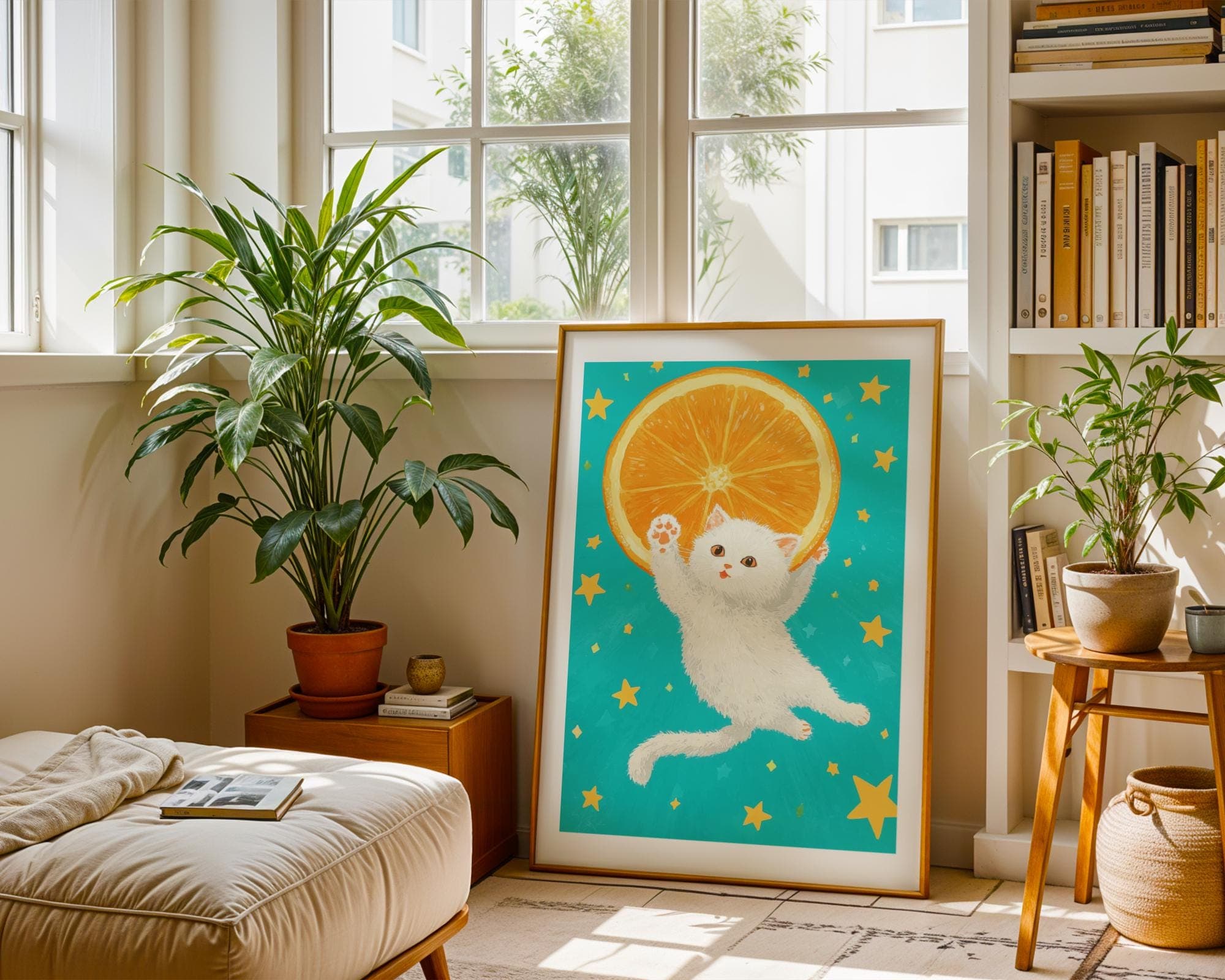 Kawaii White Cat with Orange Slice Wall Print, Whimsical Wall Art, Colorful Cute Kitten Wall Print, Kawaii Starry Sky Wall Art, Digital Art - view 6