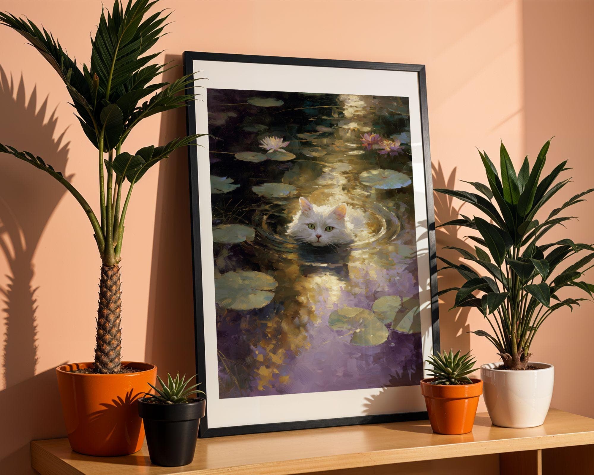 Dreamy White Cat Painting, Whimsical Cat Wall Art,Cottagecore Cat Poster, Dreamy Lily Pads, Pastel Cat Wall Art | Tranquil Pond Scene - view 2
