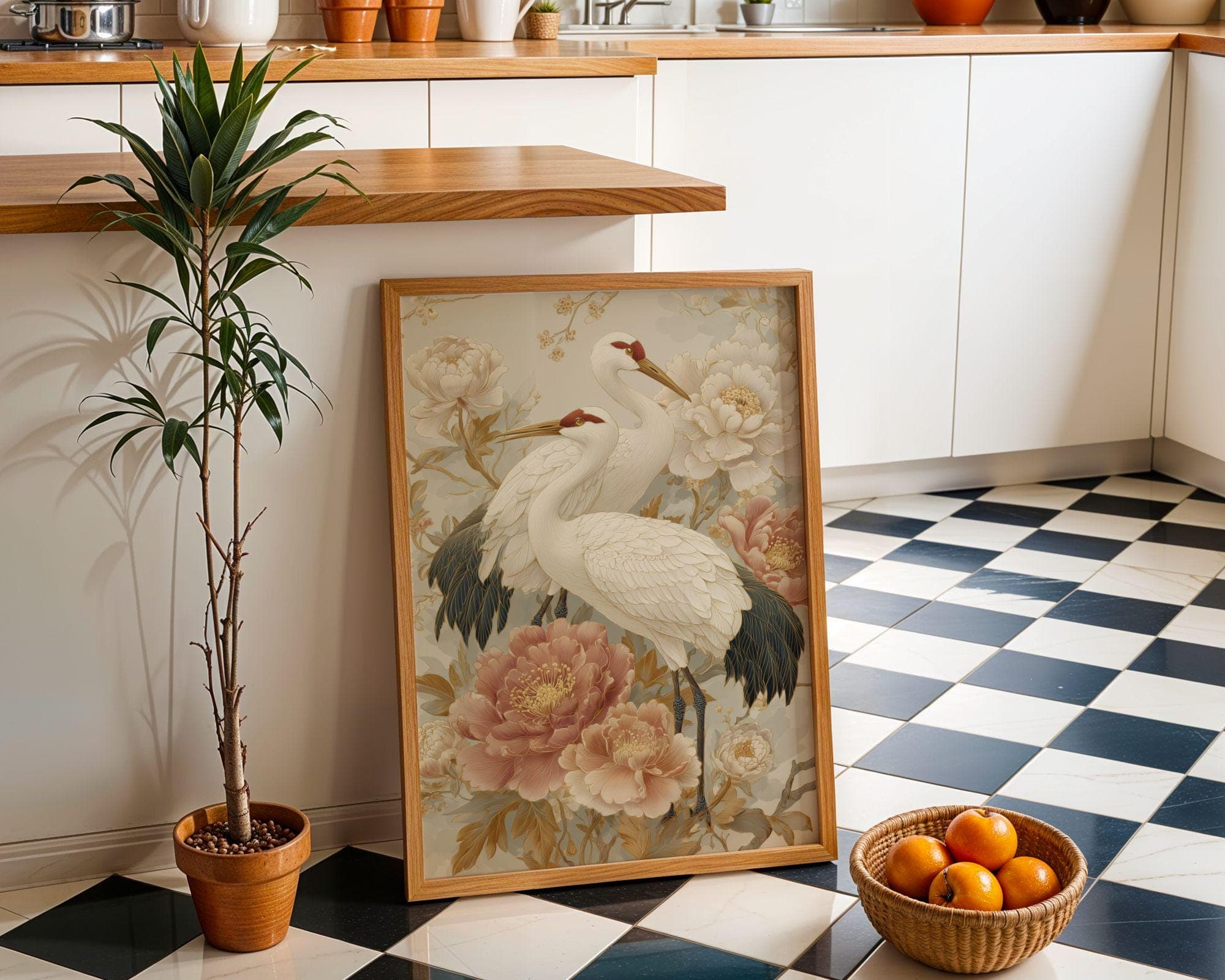 Japanese Crane Wall Art Print, Vintage Asian Bird Painting, Chinoiserie Floral Decor, Elegant Oriental Art, Crane Wall Art Vintage Floral - view 6