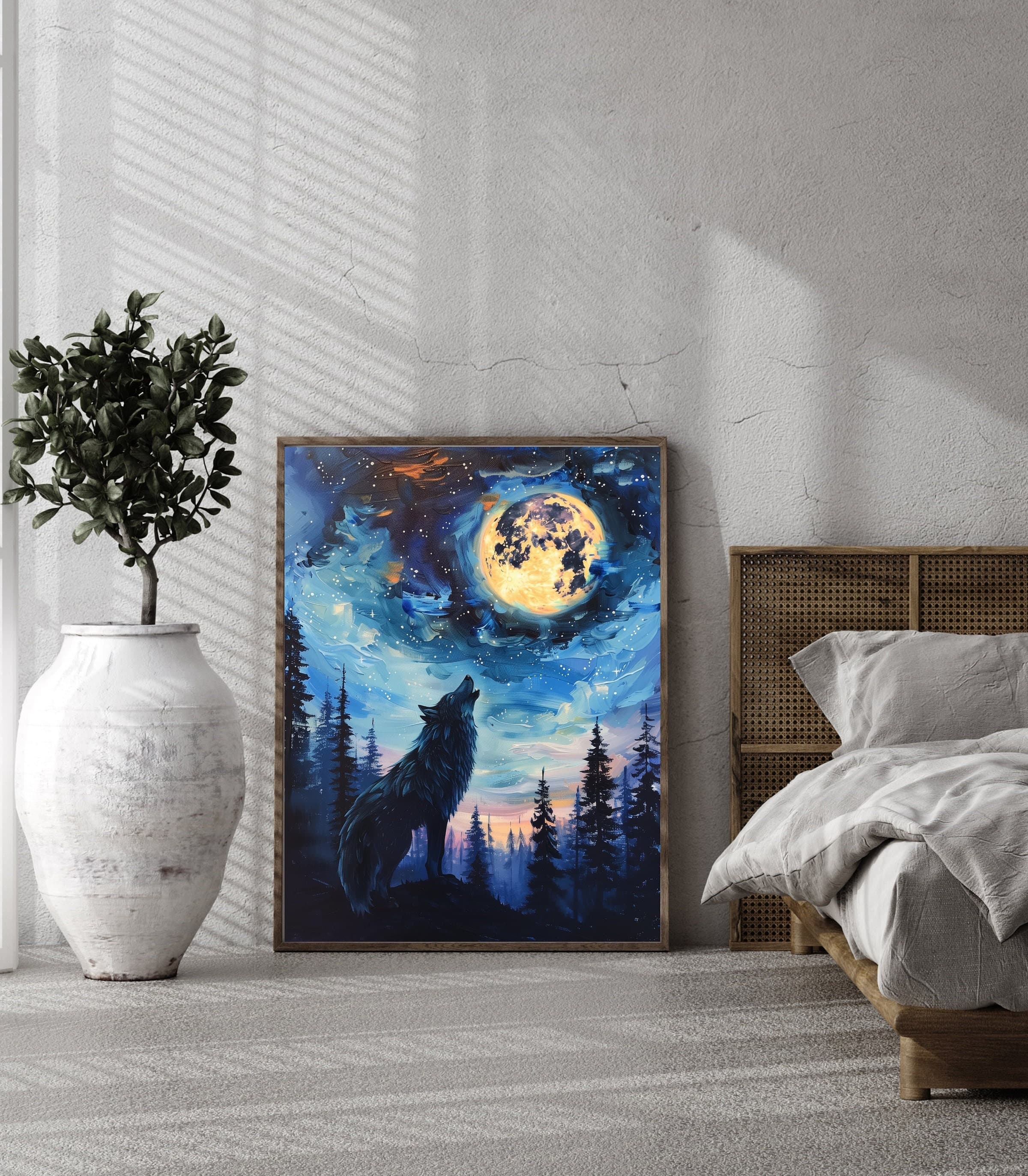 Black Wolf Full Moon Wall Art, Oil Painting, Black Wolf Landscape Poster, Moonlit Night Wolf Howling Abstract Art, Full Moon Wolf Print - view 3