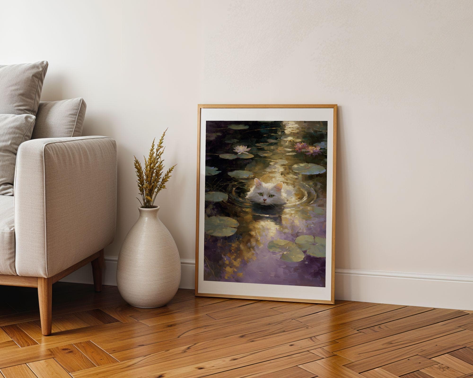 Dreamy White Cat Painting, Whimsical Cat Wall Art,Cottagecore Cat Poster, Dreamy Lily Pads, Pastel Cat Wall Art | Tranquil Pond Scene - view 7