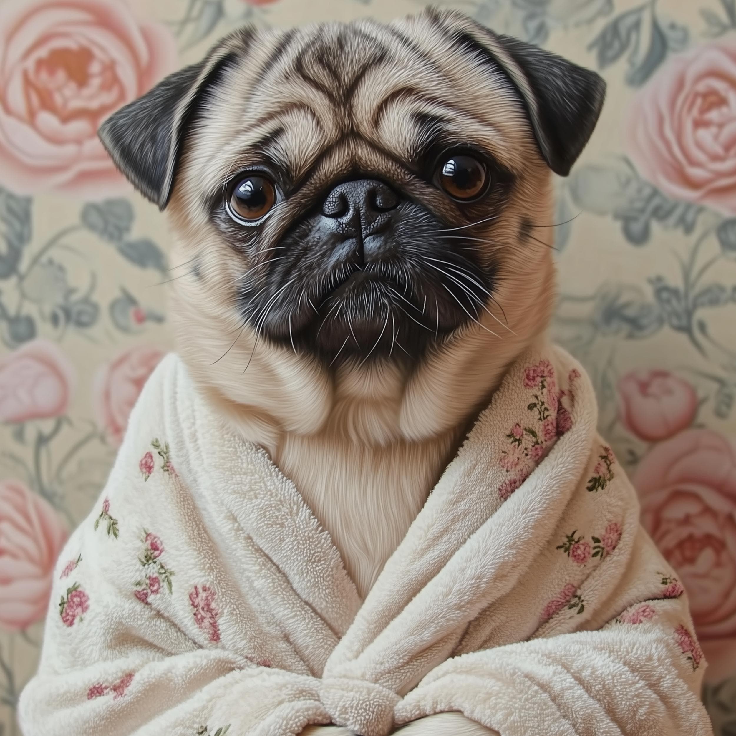 Pug in Bathrobe DIGITAL DOWNLOAD, Dog Printable Wall Art, Floral Dog Print, Funny Pet Decor, Dog Lover Gift, Retro Dog Poster, Funny Pug Art - view 2