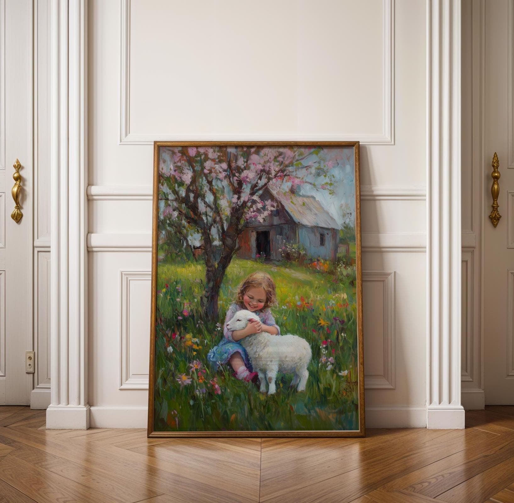 Pastoral Girl and Lamb Wall Art, Cottagecore Wall Decor, Floral Pastoral Art, Vintage Countryside Girl and Sheep Painting, Nature Wall Decor