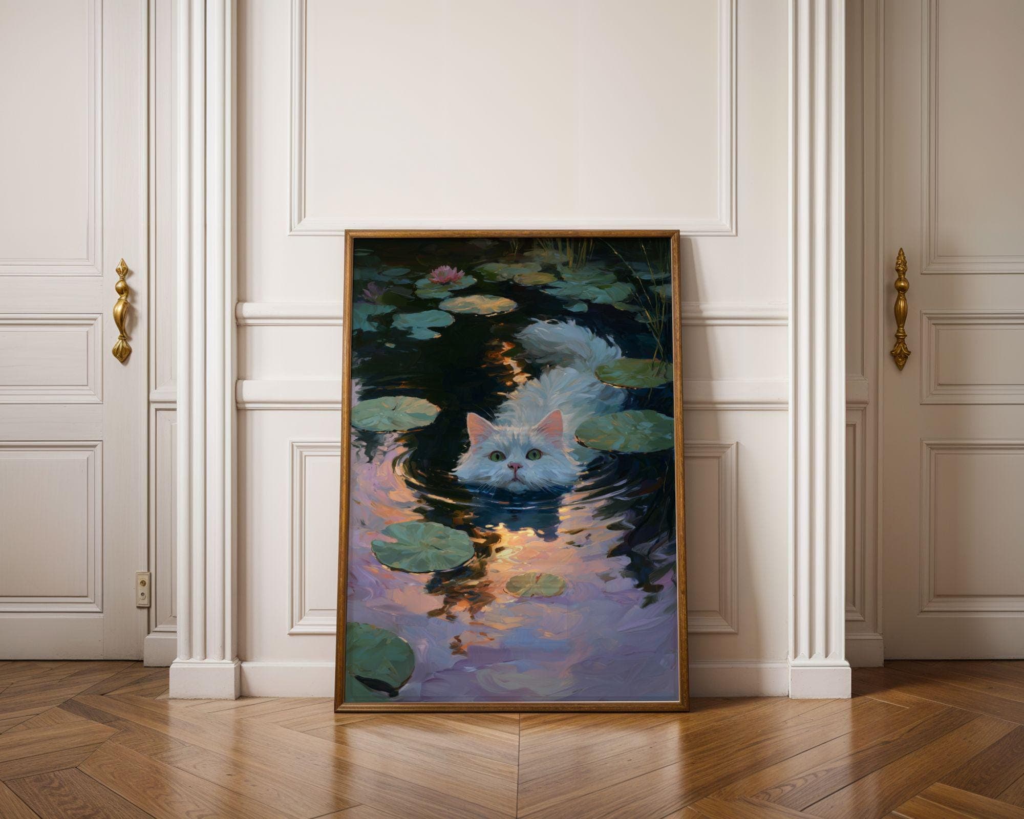 White Cat in Lily Pond, White Cat Painting, Dreamy Pond Wall Art, Bathroom Wall Art, Whimsical Cat Poster, Cottagecore Cat Art, White Cat
