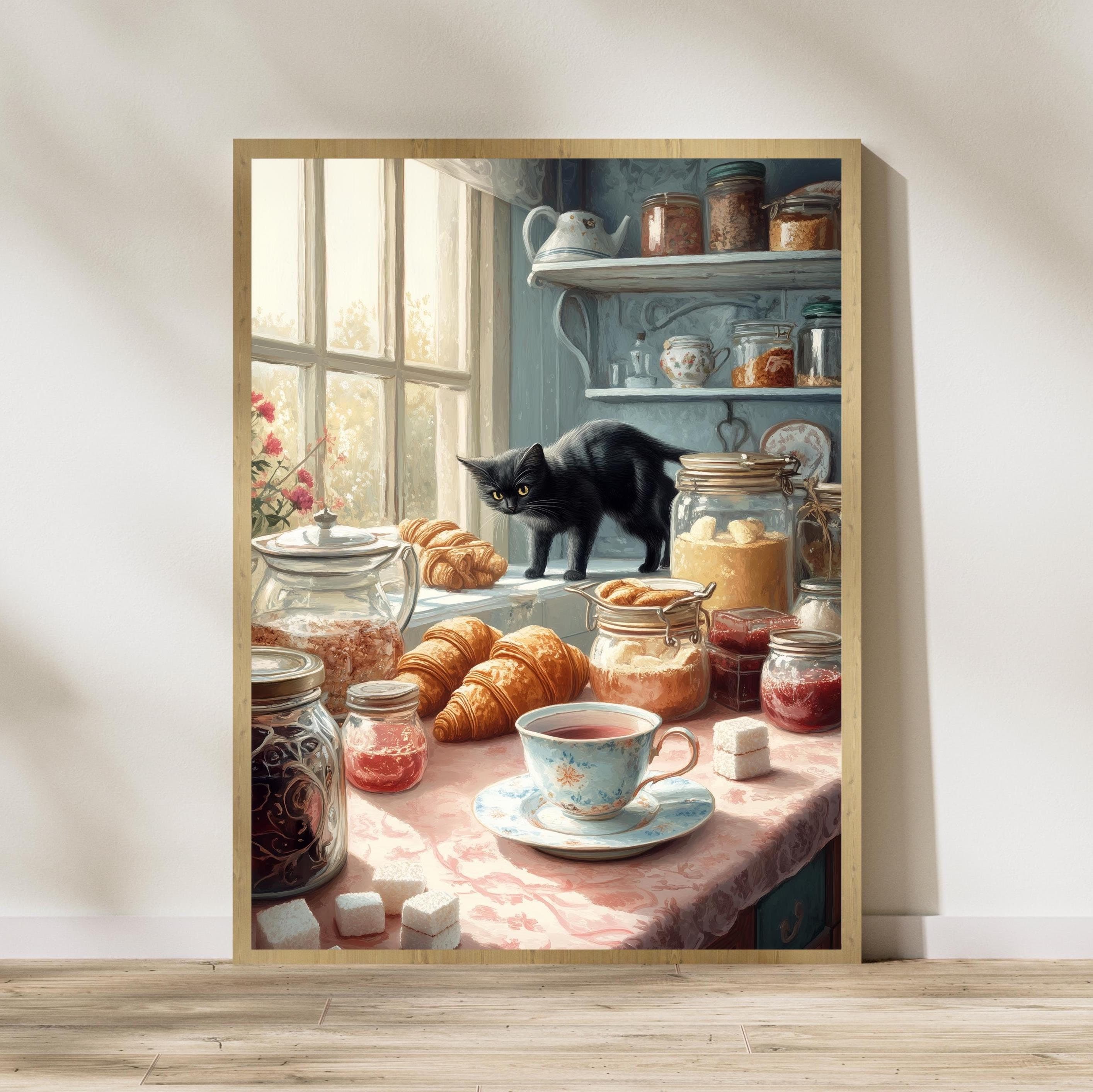 Whimsical Black Cat with Pastries Art, Farmhouse Kitchen Art, Digital Animal Wall Art, Black Cat Kitchen Poster, Kitchen Wall Decor