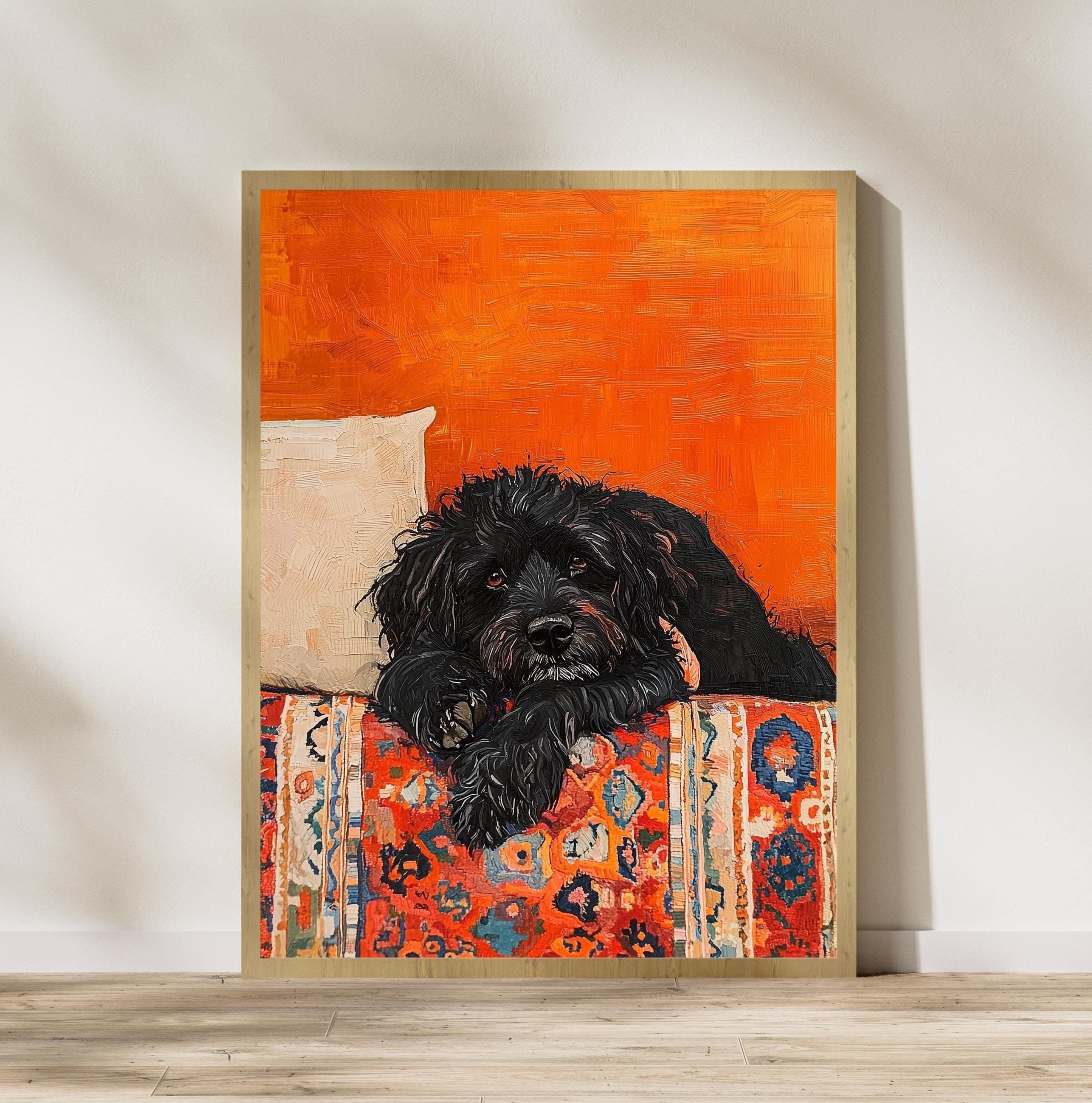 Black Dog Poster, Orange Painting Poster, Warm Orange Decor, Rustic Black Dog Painting, Maximalist Dog Art, Orange Wall Art, Orange Prints