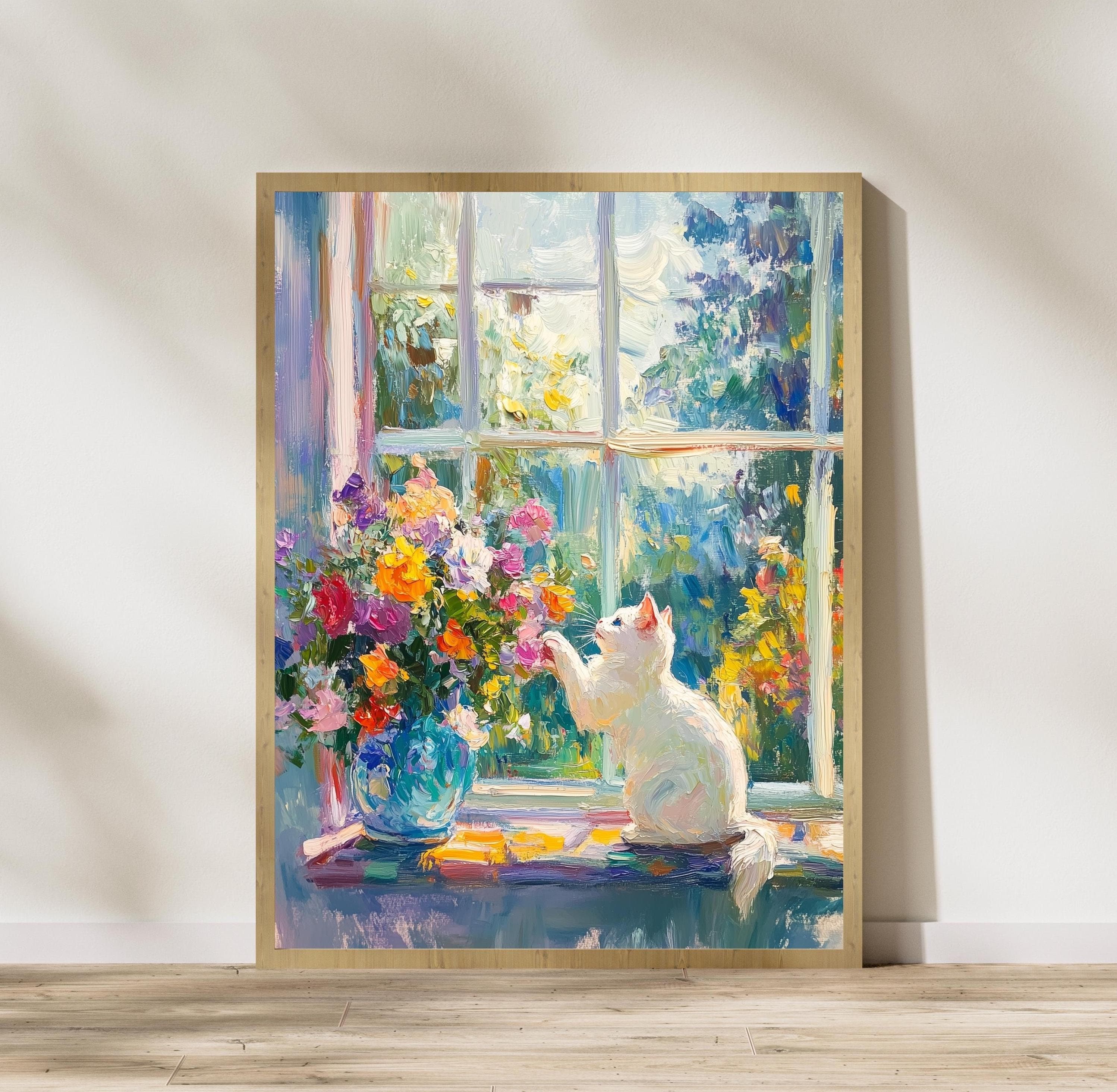 White Cat with Colorful Flowers Art Print, Matisse Style Oil Painting, Colorful Kitchen Decor, Cat Mom Gift, White Cat Painting, Cat Poster