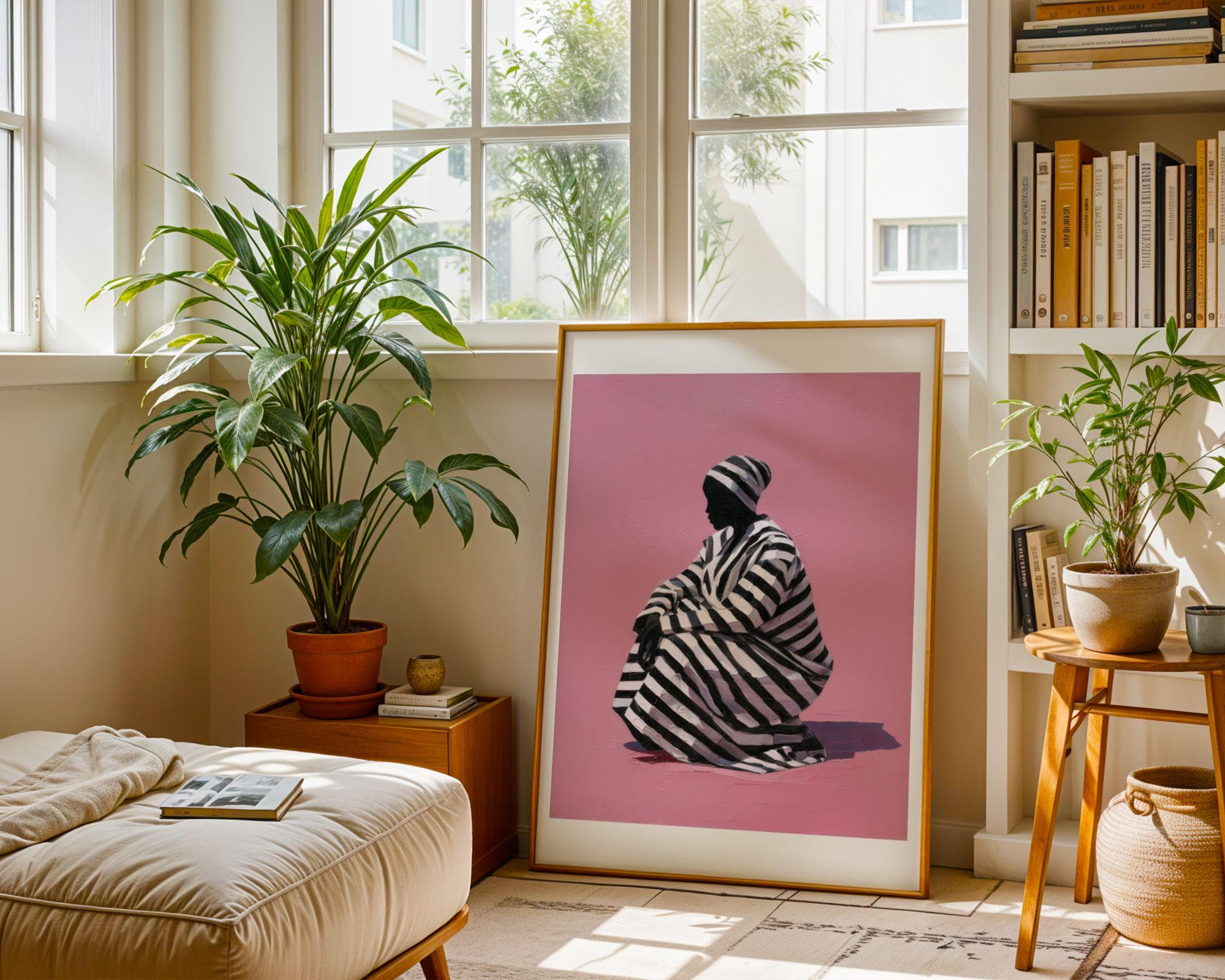 Pink Wall Art Print, Striped Dress Woman Silhouette, Modern Fashion Decor, Bedroom Living Room, Modern Woman Wall Art, Pink Background Print - view 6