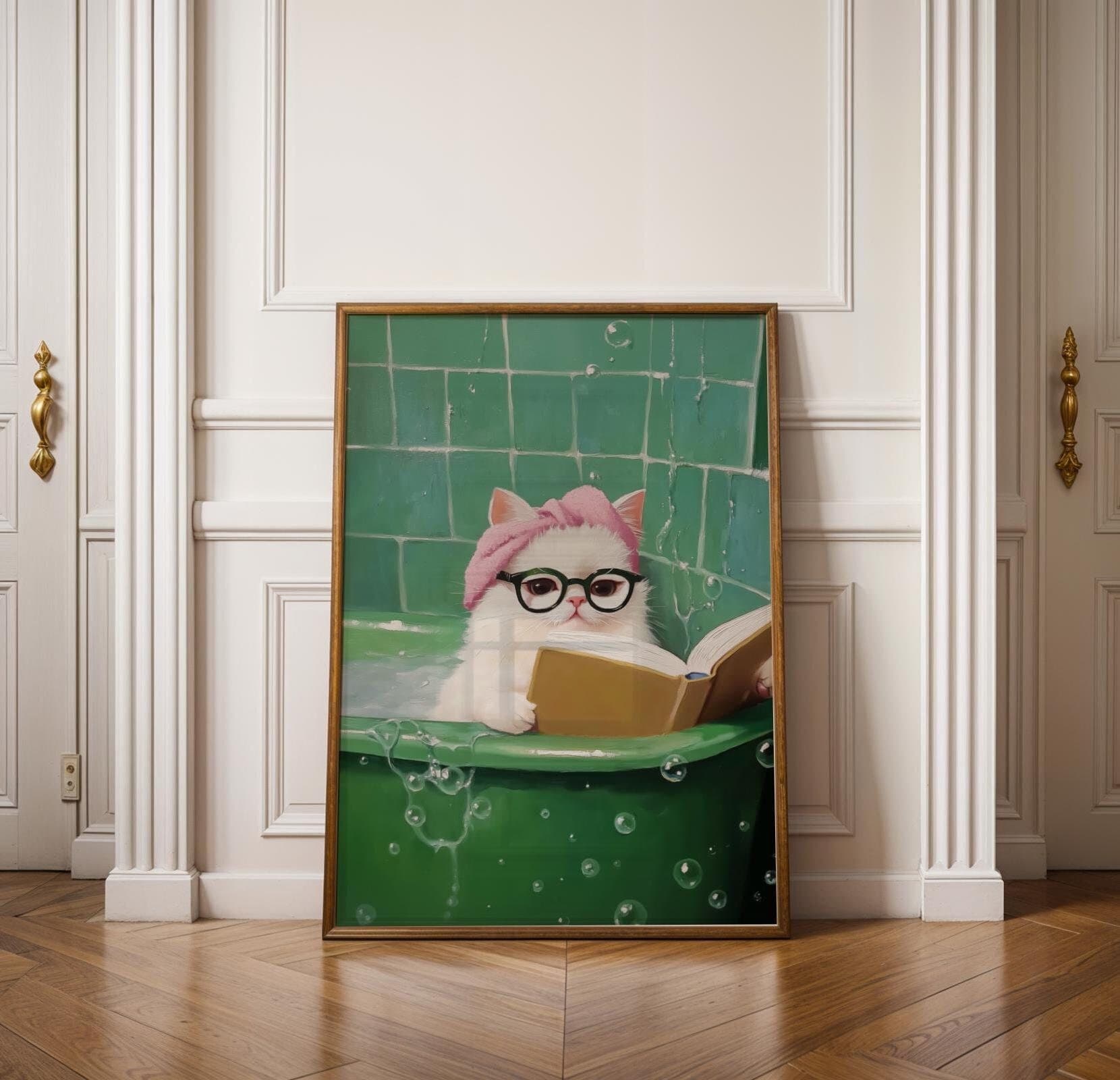 Funny Cat in Bathtub, Funny Bathroom Decor, Printable, Aesthetic Animal Wall Print, Dopamine Wall Decor, Preppy Cat Decor, Charming Cat