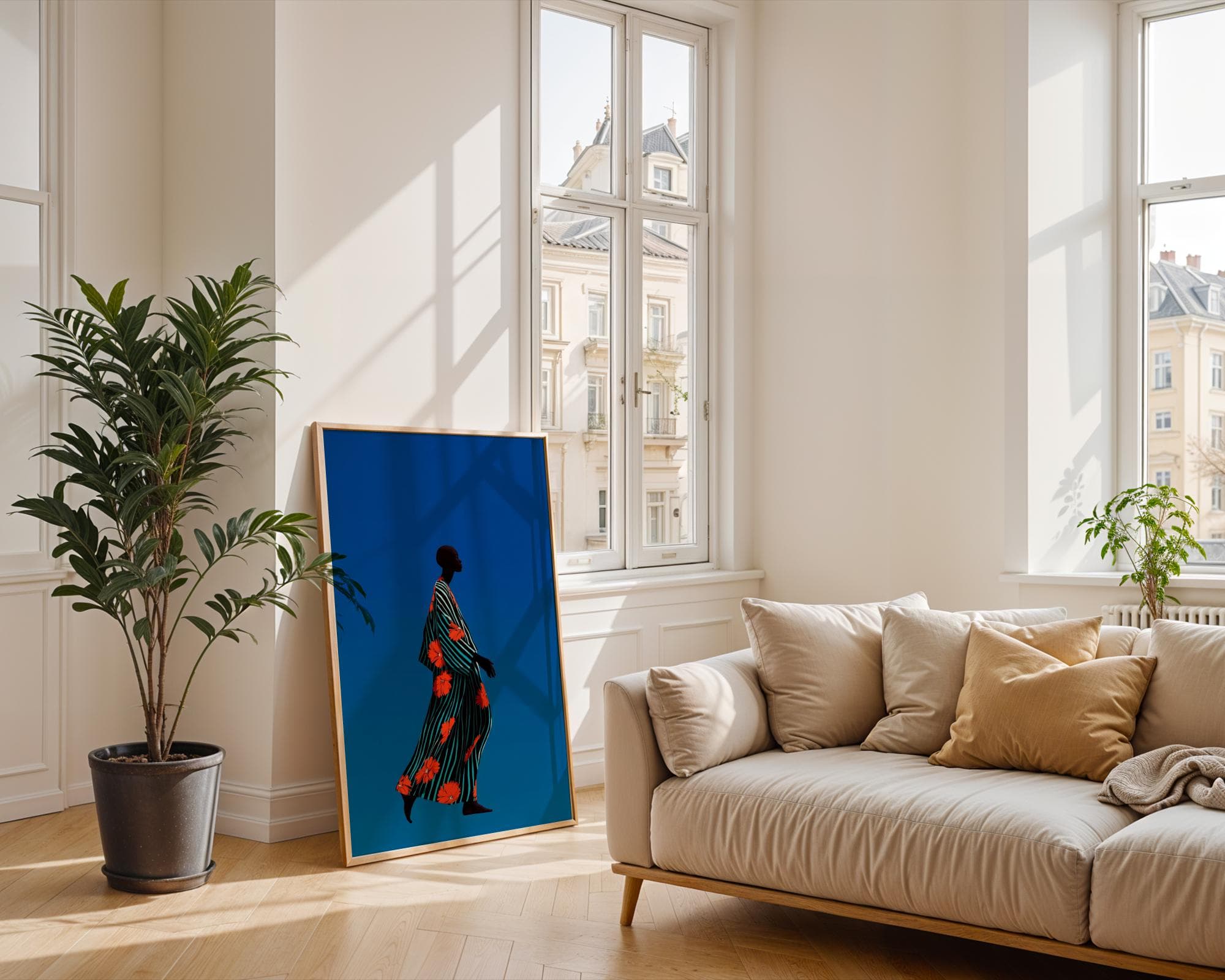 Minimalist Print Art, Contemporary Art, Ethnic Print Art, Modern African Woman Wall Art, African Woman in Striped Floral Dress, African Art - view 5