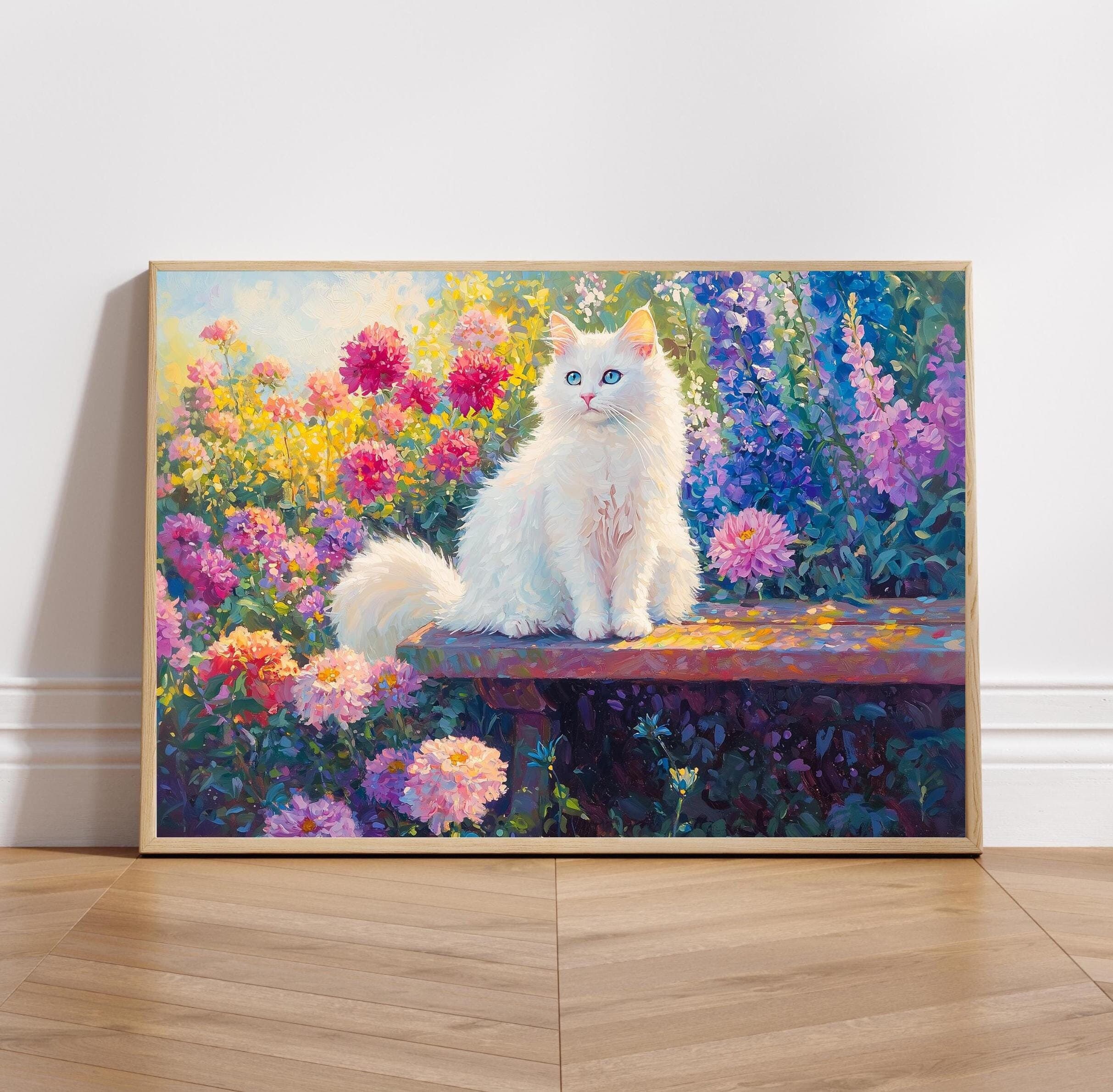 Fluffy white cat in a flower garden, Oil painting of cat and flowers, Garden oil painting print,Colorful floral art print, White Cat Artwork