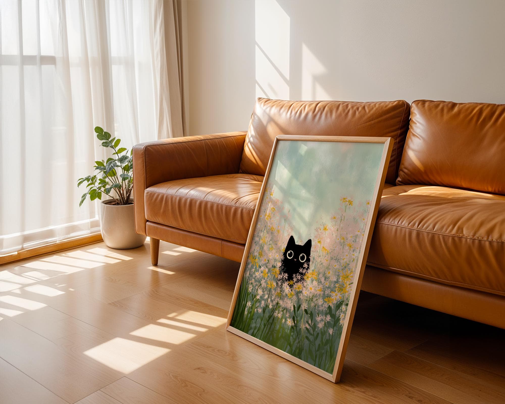 Black Cat Wall Art, Whimsical Cat in Floral Field, Kawaii Black Cat Art Print, Digital Download, Cute Black Cat Art, Whimsical Animal Art - view 7
