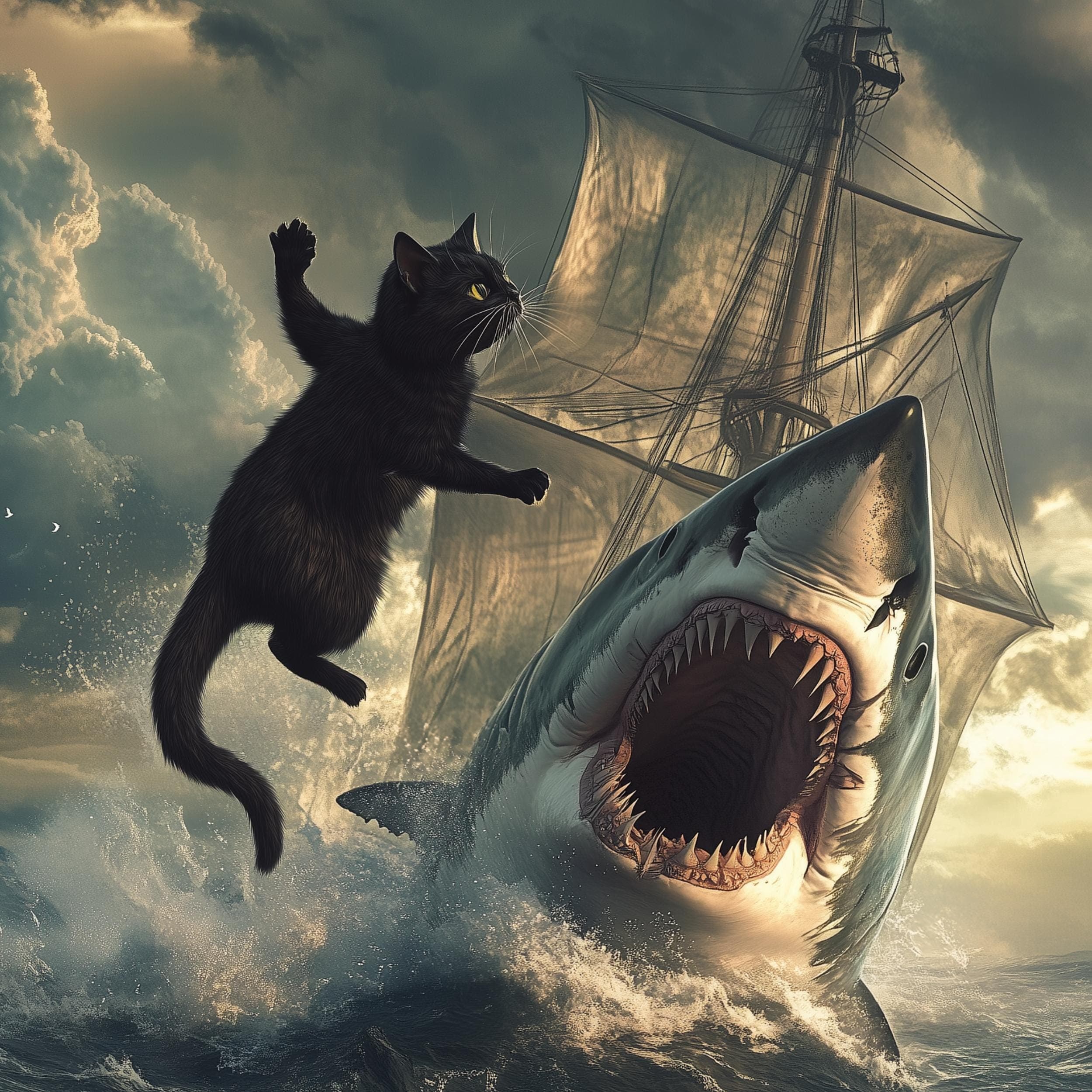 Black Cat in a Sea Battle with Shark Wall Art, Stunning Digital Wall Art, Maximalist Cat and Shark Wall Art, Funny Black Cat Wall Decor - view 2