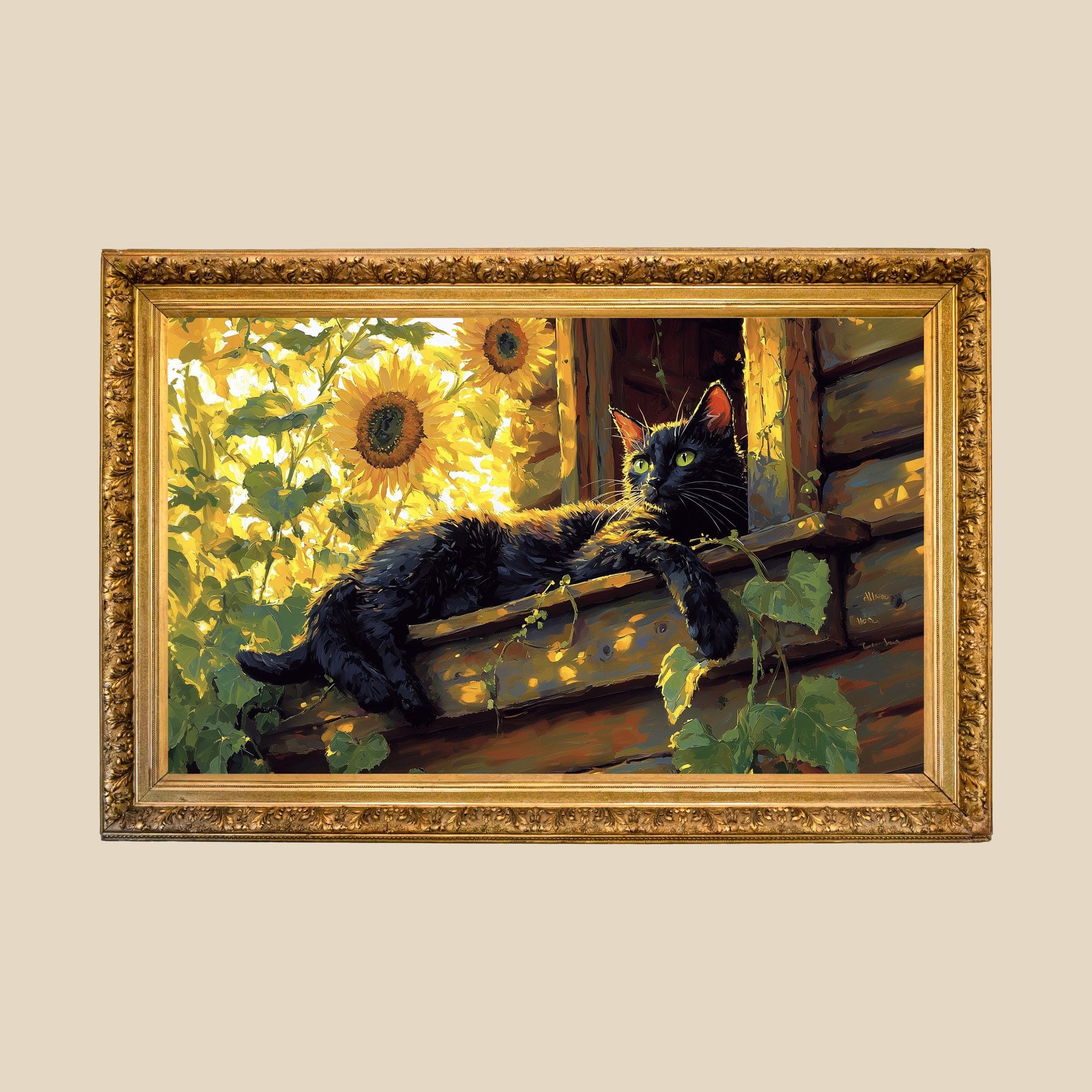 Black Cat and Sunflowers Wall Art, Rustic Wall Decor, Warm Nature Print, Whimsical Black Cat with Sunflowers, Calming Black Cat Poster - view 2