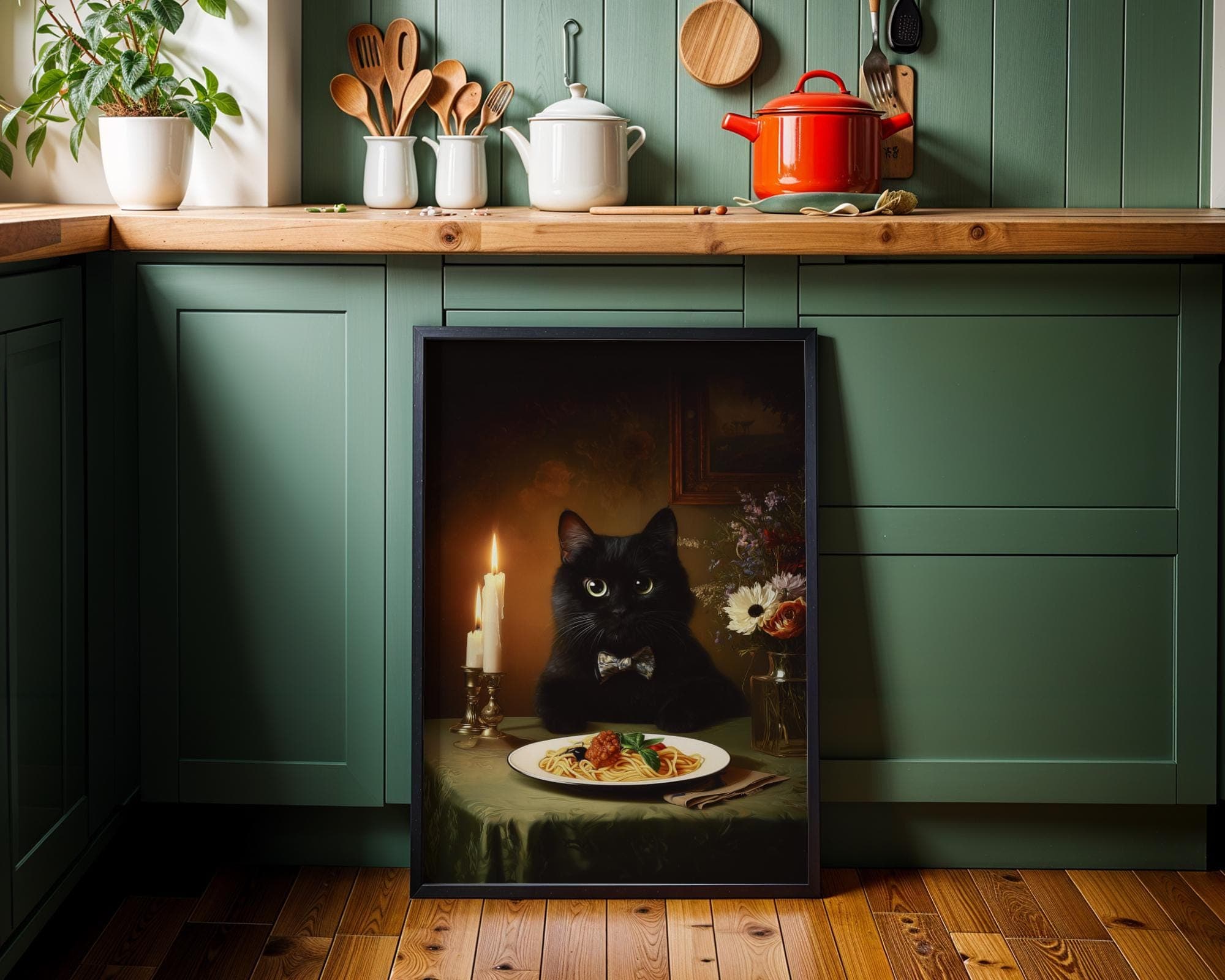 Black Cat Spaghetti Art Print, Funny Black Cat Wall Art, Pasta Lover Gift, Dark Academia Cat Wall Art, Quirky Dining Room Poster, Black Cat - view 5
