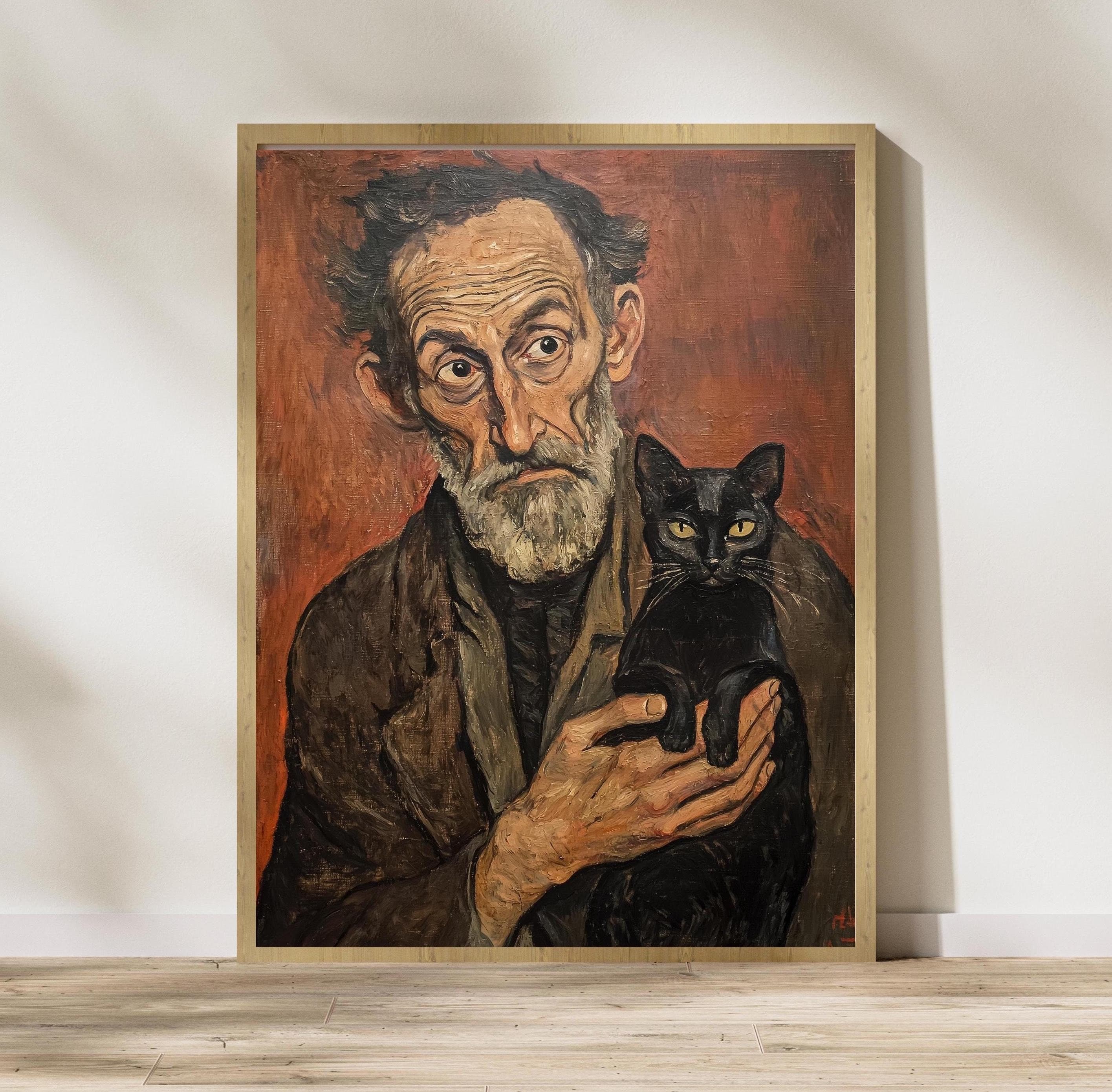Vintage Oil Painting – Old Man and Black Cat Portrait, Rustic Oil Art Poster, Oil Painting Print, Antique Oil Art Print, Vintage Style Art
