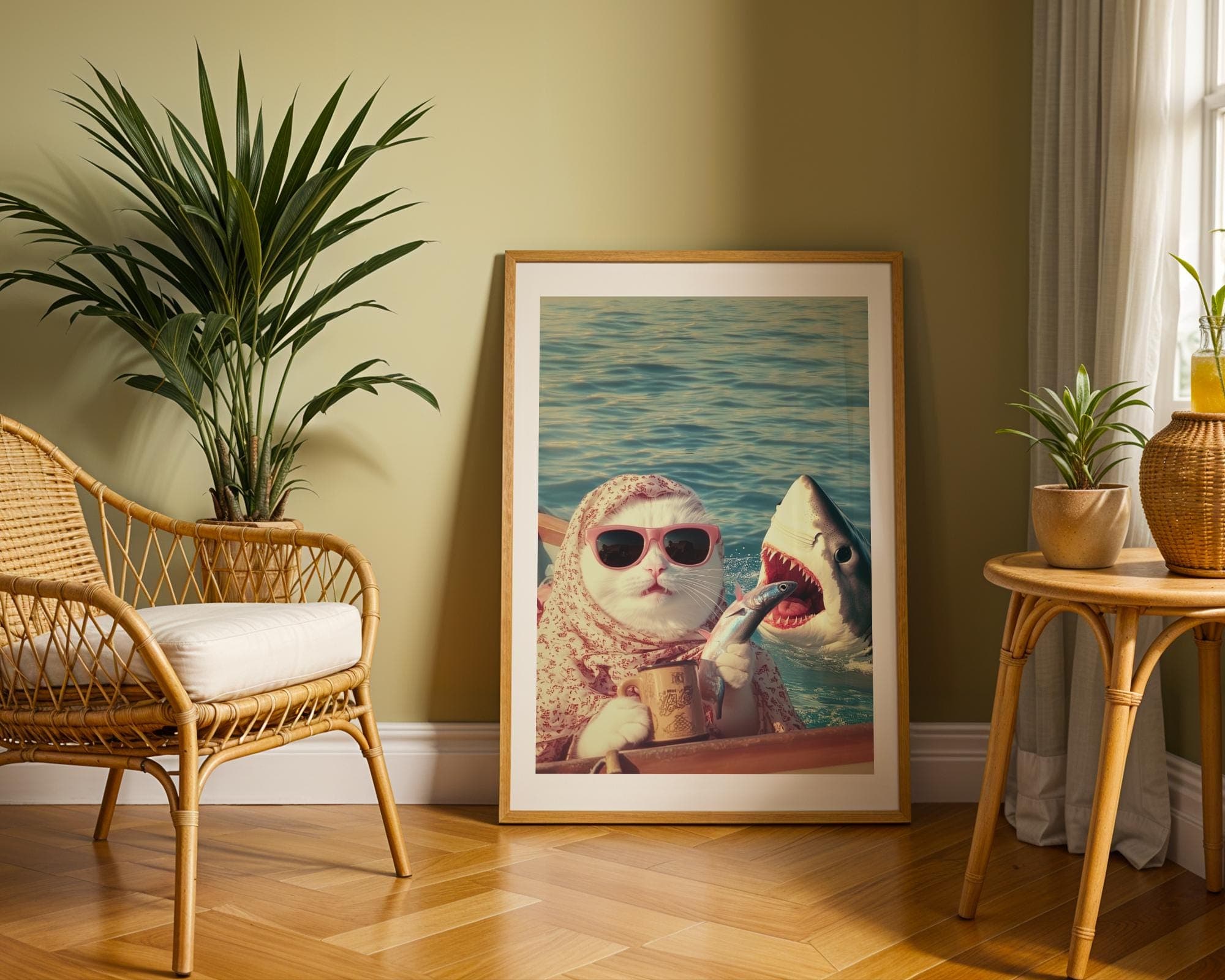 Funny Cat and Shark Wall Art, Funny Animal Art, Quirky Art Print, Quirky Cat Poster, Maximalist Cat Wall Art, Humorous Poster, Digital Art - view 4
