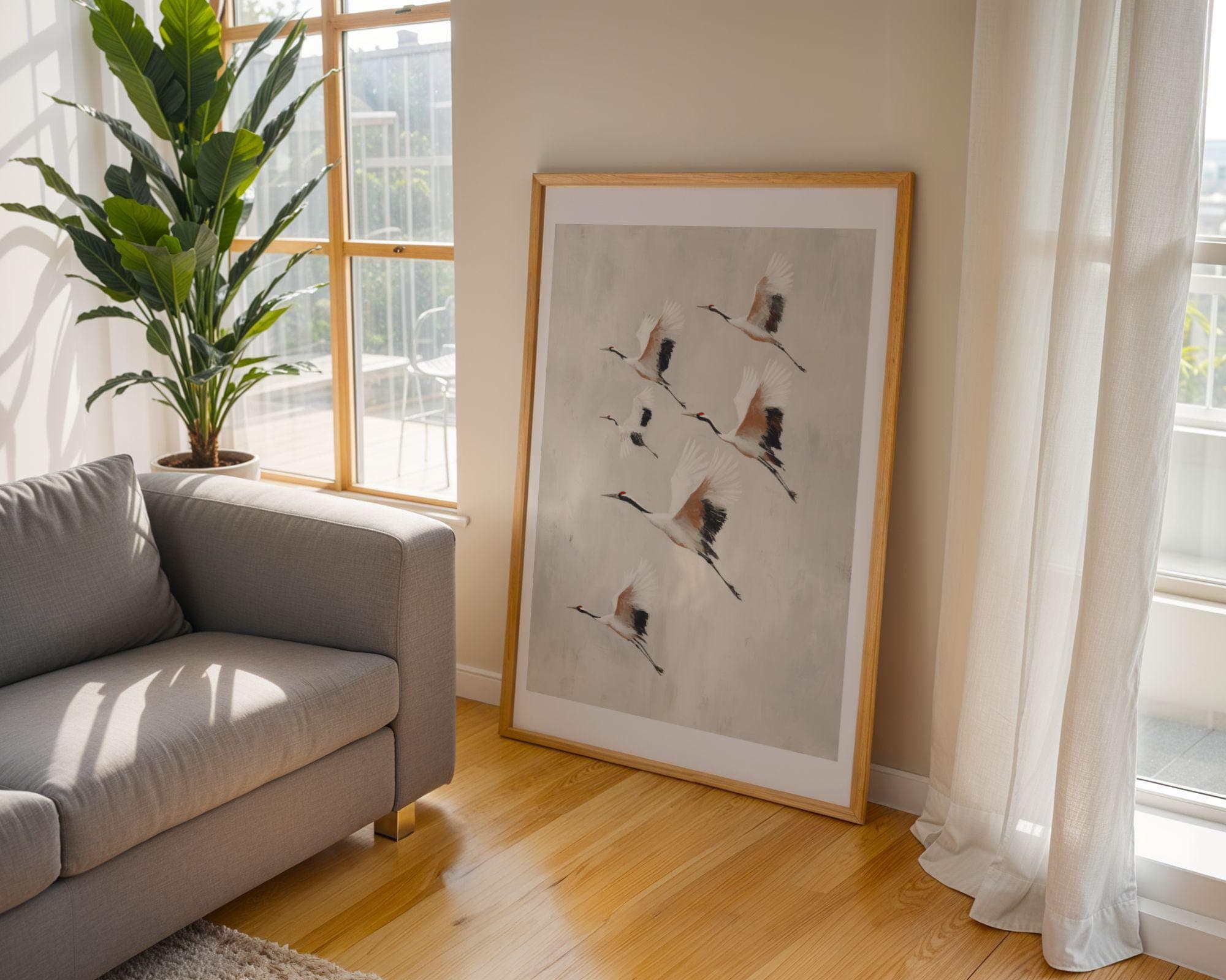 Japandi Crane Wall Art | Flock in Flight, Japandi Wall Decor, Scandinavian Wall Art, Calming Nature Art | Birds in Motion, Digital Download - view 3