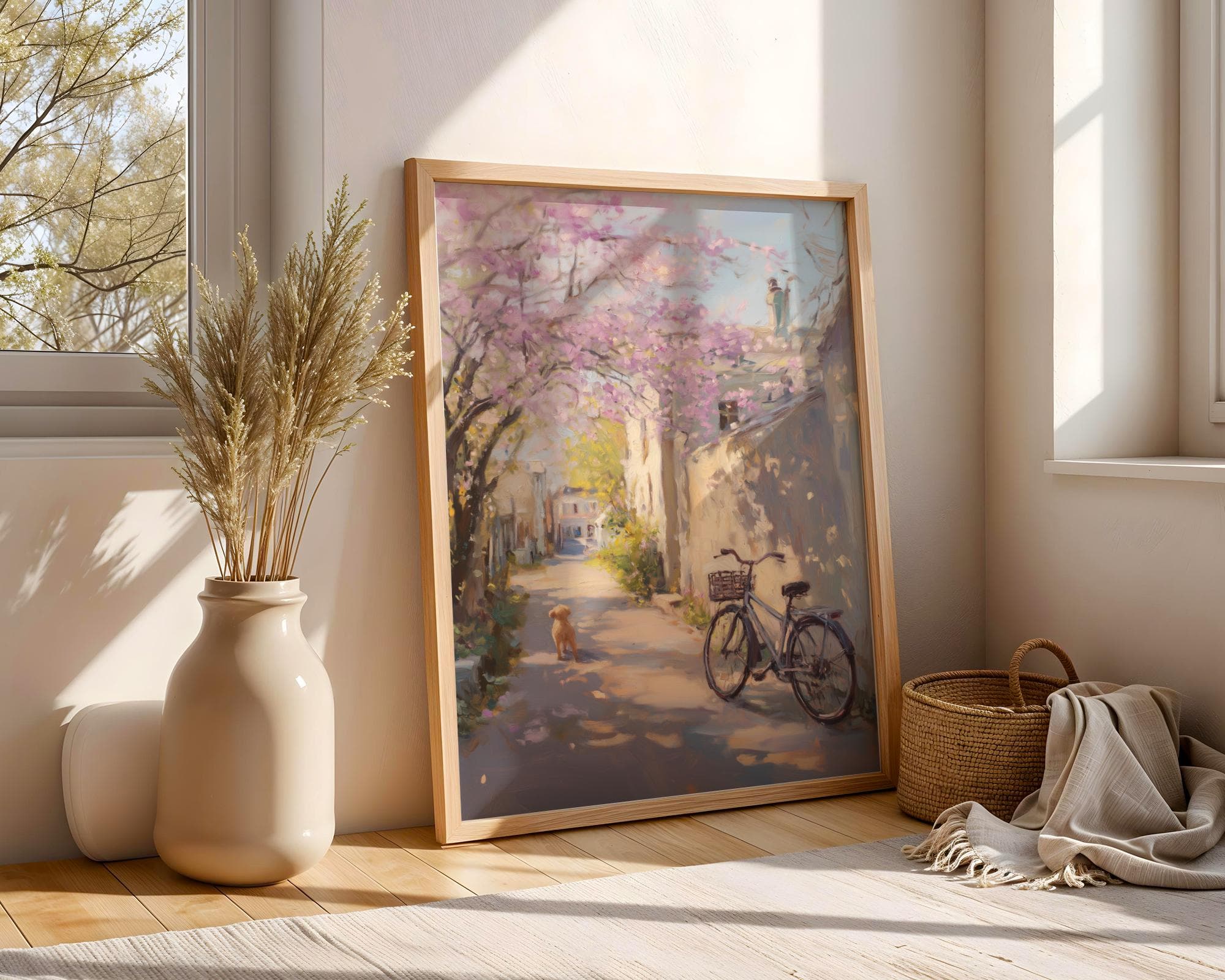 Cherry Blossom Street Print, Dog and Vintage Bike Poster, Pastel Blossom Street Print, Cottagecore Blossom Decor, Floral Alley Wall Print - view 2