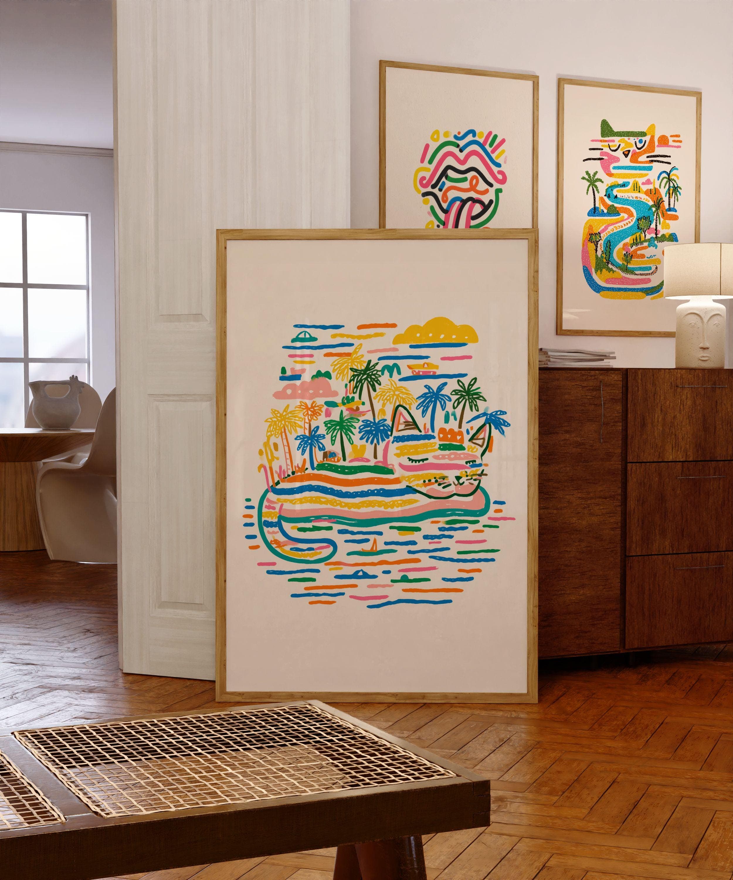 Whimsical Cat Island Print – Vibrant Crayon Style Tropical Animal Poster, Fun Cat Wall Art – Palm Island Pop Art Print, Abstract Cat Print