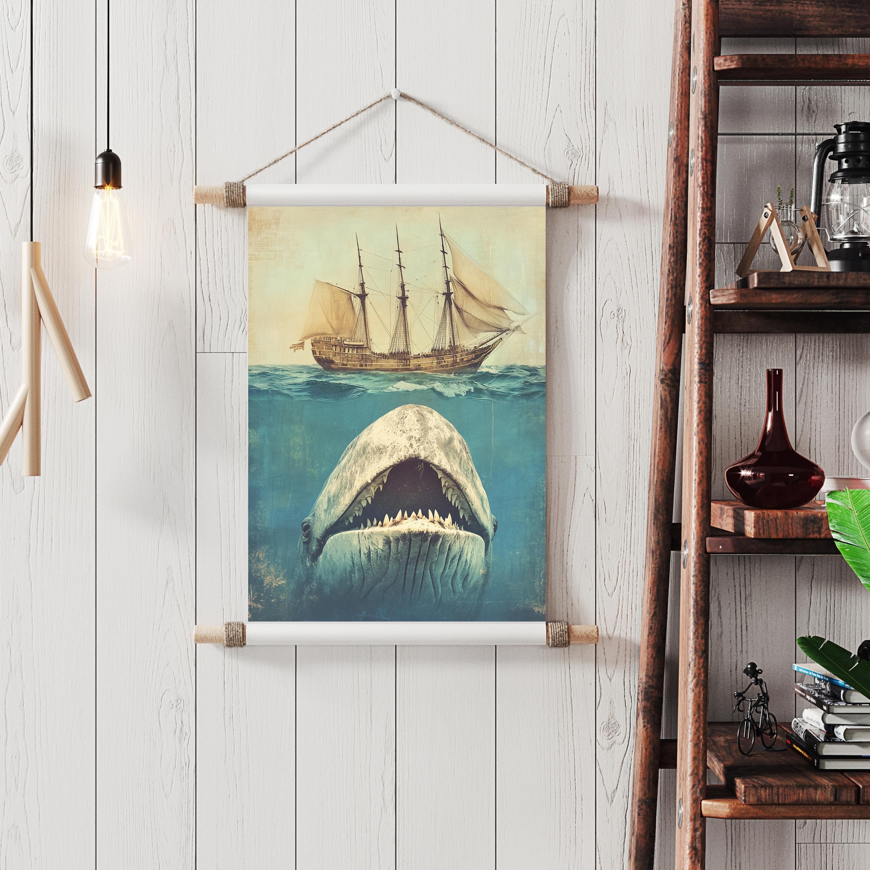 Whale Art, Under the Sea Illustration, Retro, Sea Animals, Crude Area The Whale Large and Ship, Whale and Sail Art, Whale Print, WhalePoster - view 4