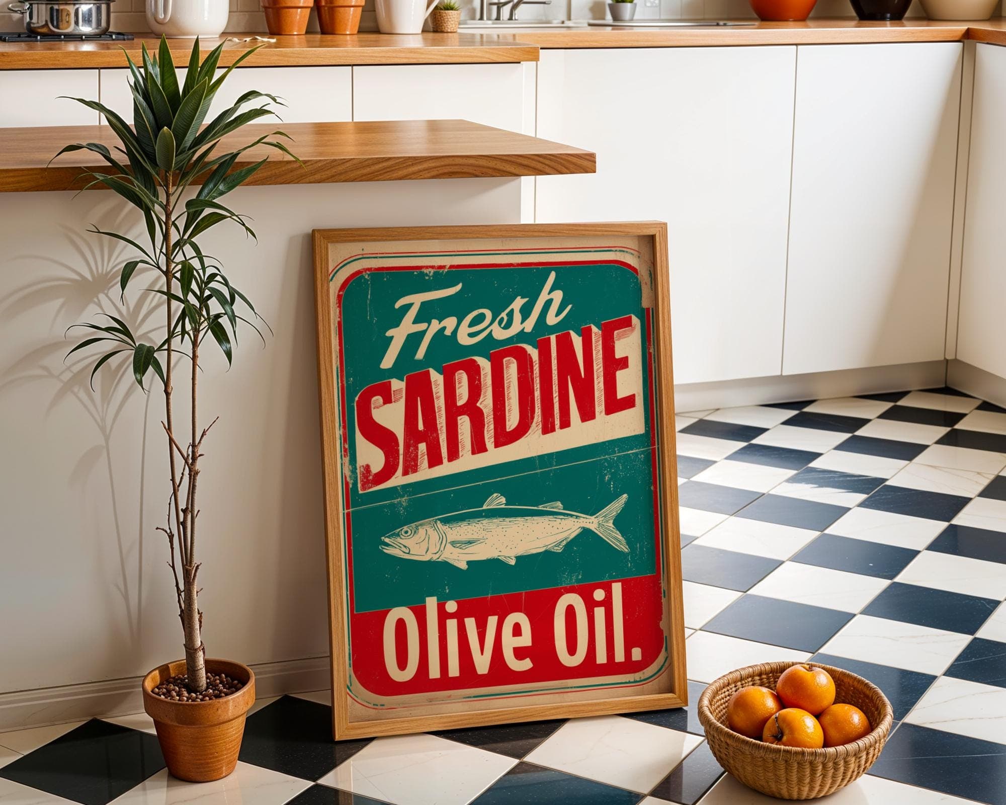 Vintage Fresh Sardine Sign Wall Art, Retro Kitchen Print Rustic Fish Olive Oil Decor, Classic Sardine Print, Retro Fish Tin Sign, Digital - view 2