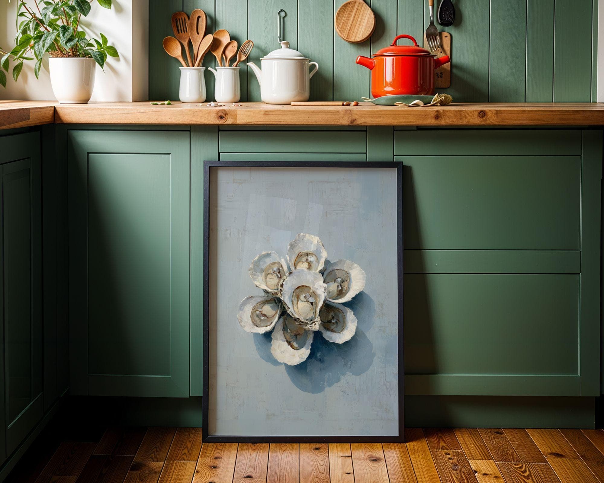 Oyster Wall Art Coastal Kitchen Decor Seafood Painting, Oyster Shell Coastal Wall Art Print, Seafood Kitchen Decor, Dining Room Art - view 2