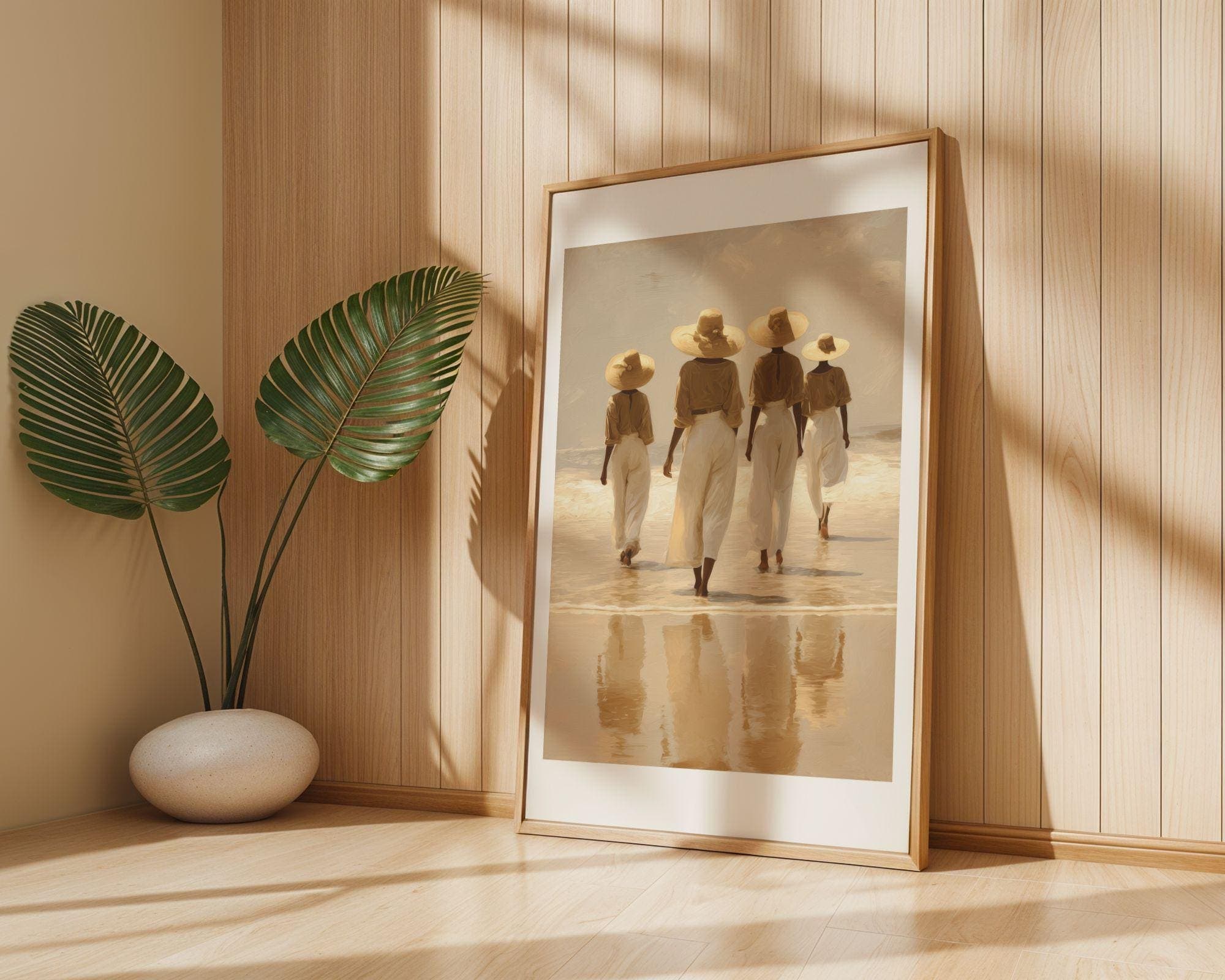African American Wall Art, Feminine Wall Decor, Beach Wall Art Print, Coastal Women in Straw Hats, Neutral Seascape, Minimal Decor, Digital - view 3
