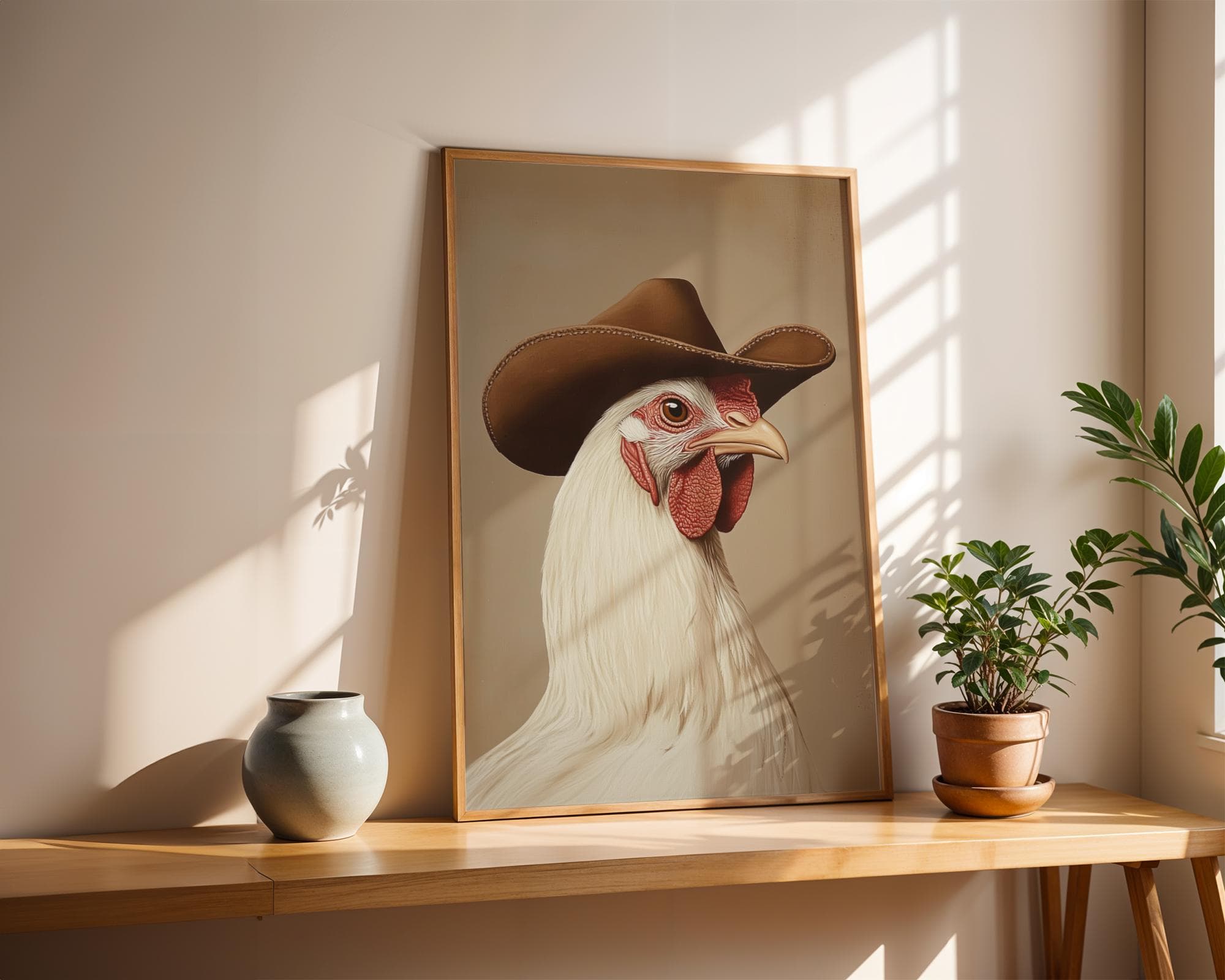 Funny Chicken with Cowboy Hat, Rustic Rooster Print, Digital Download, Vintage Rooster Wall Print, Funny Cowboy Rooster Art, Farm Animal Art - view 2