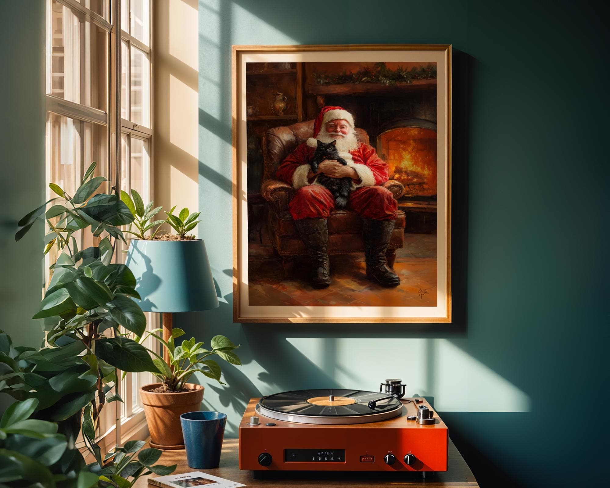 Santa Claus with Black Cat - Cozy Christmas Wall Art Print, Rustic Christmas Art, Warm Christmas Wall Art, Christmas Wall Decor, Digital Art - view 3