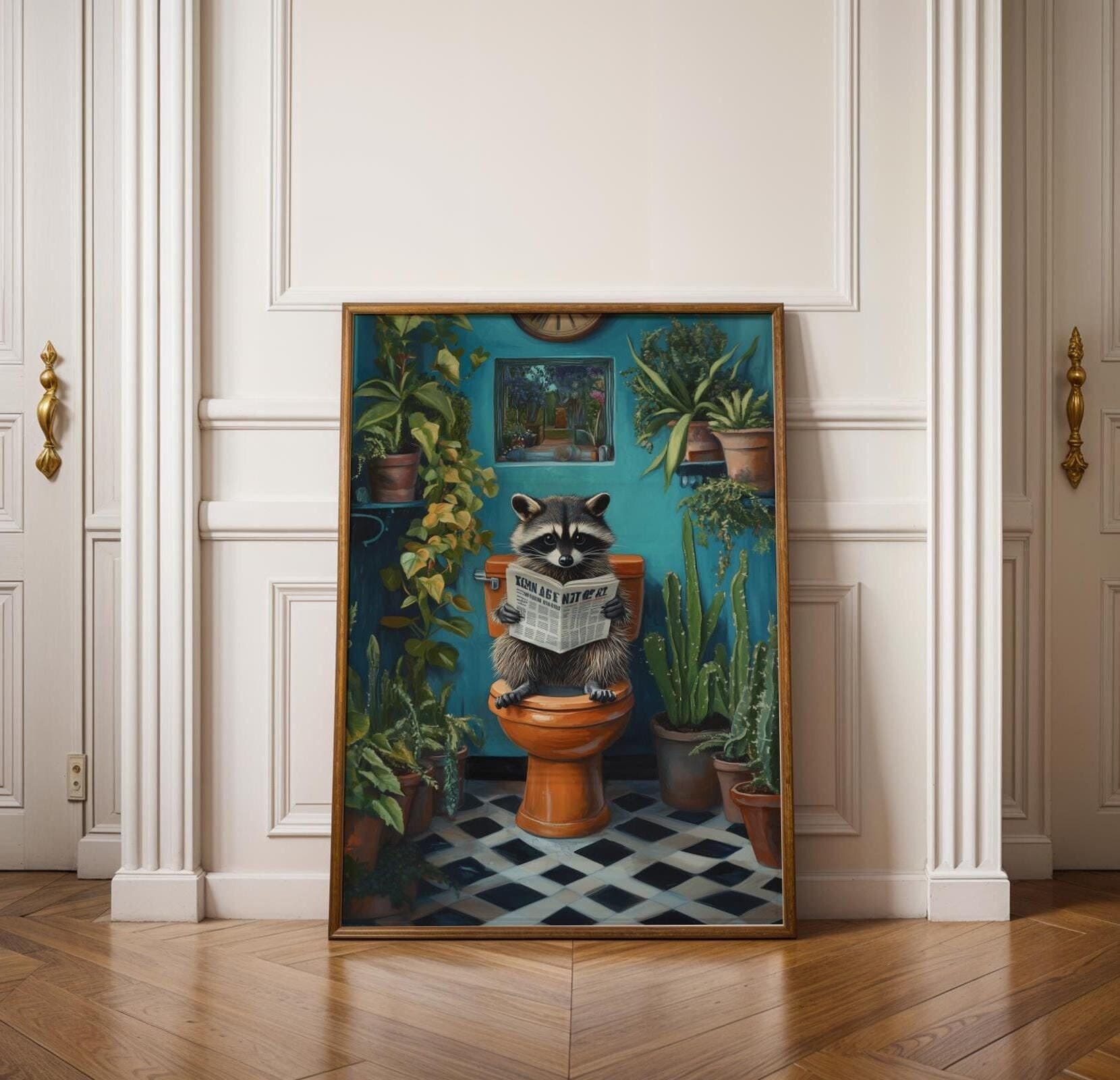 Cute Racoon on Toilet, Funny Bathroom Decor, Pintable Racoon, Funny Racoon Reading on Toilet, Humor Cute Racoon Poster, Kids Bathroom Prints